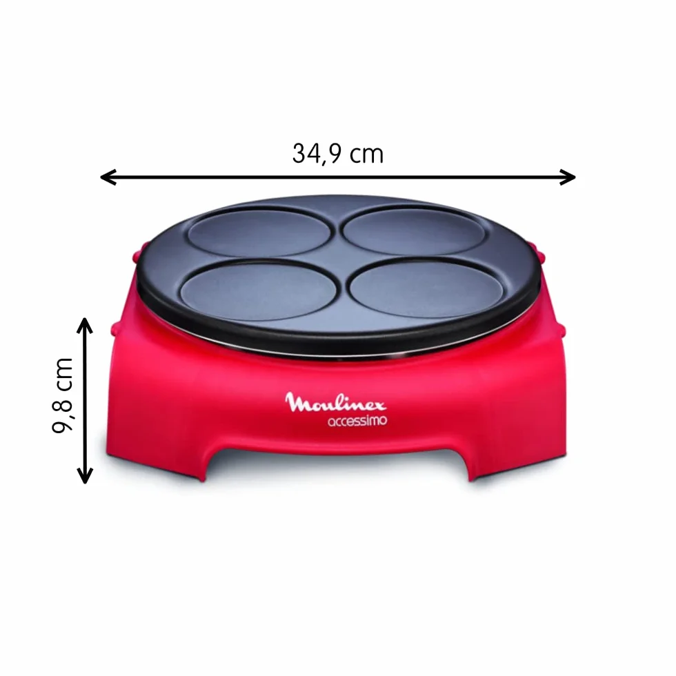 Moulinex PY312511, Crepera Accessimo Placa Prometal con Revestimiento Antiadherente, 720 W, Capacidad de 4 creps, 4 Espátulas y cucharón incluidos, Fácil uso, Almacenamiento vertical, Color Rojo