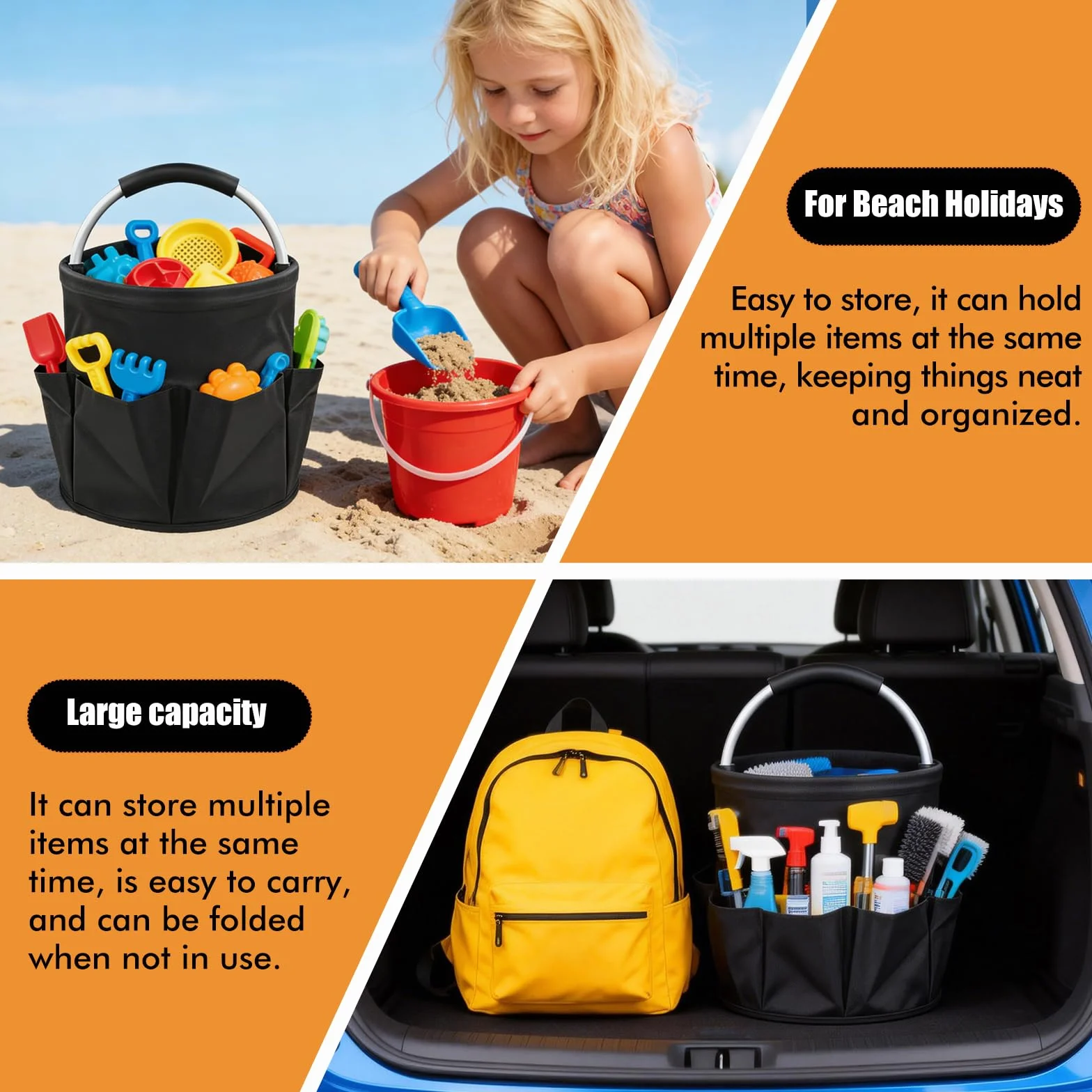 Organizador de Limpieza Plegable de 2 Piezas, Cubo 17L con Asa y 6 Bolsillos, Bolsa Almacenamiento de Tela Oxford 600D Impermeable, Cubo Portátil Multiusos para Hogar, Baño, Jardín,Negro