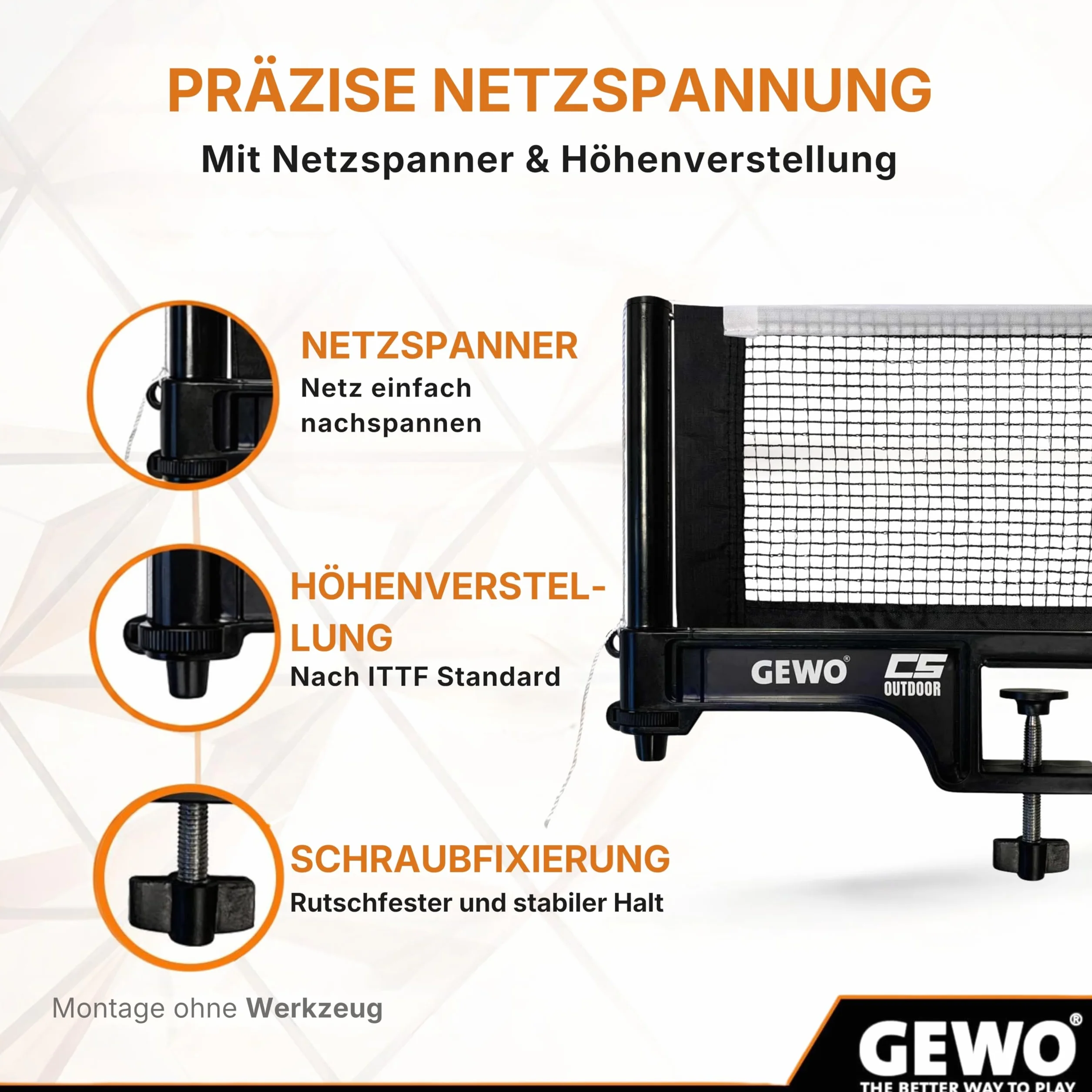 GEWO CS Outdoor Red de Ping Pong para Exteriores, Resistente a la Intemperie, Soportes de Red, Tornillo de Ajuste de Altura