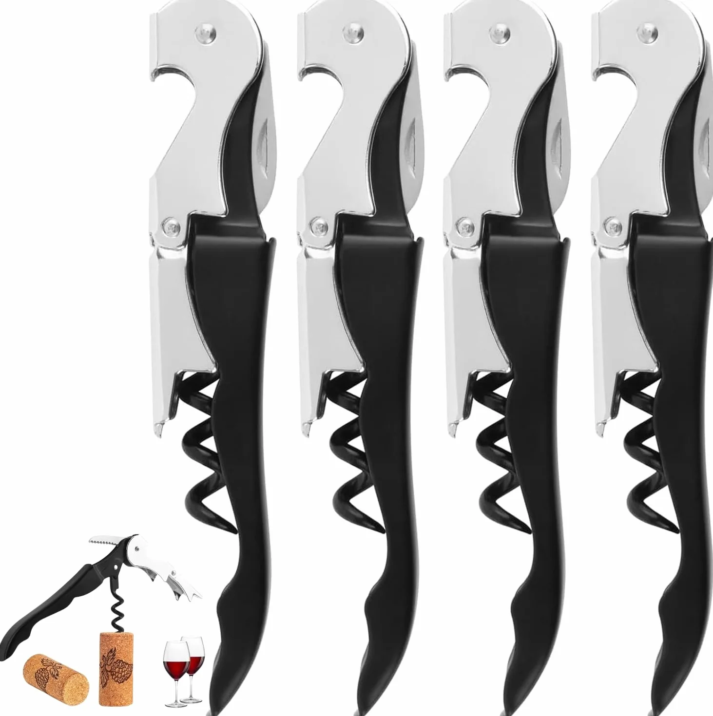Abridor de Vino,4 Piezas Sacacorchos Camarero Profesional,Sacacorchos para Vino con Cuchillo,3 in 1 Abrebotellas Vino para Restaurante(Negro)