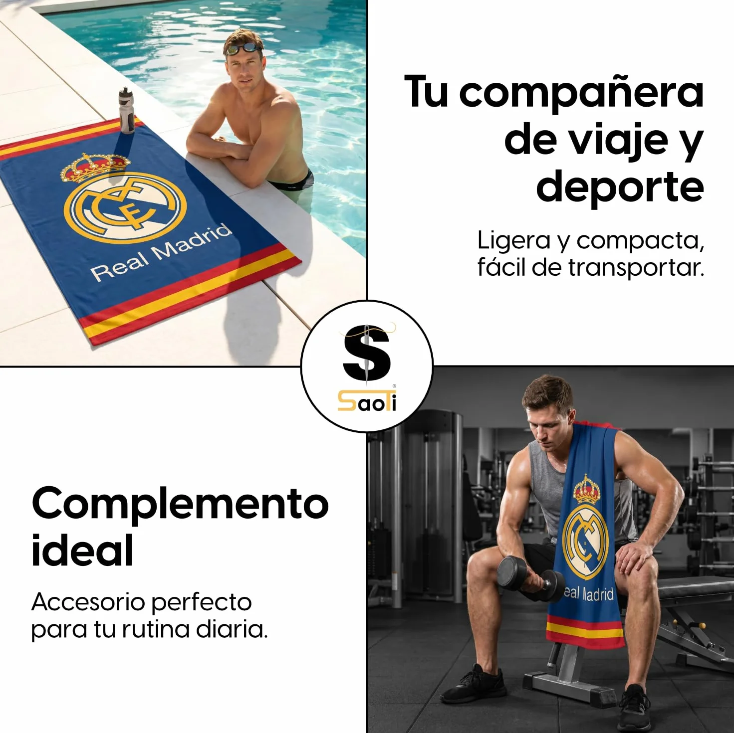 SaoTi Toalla Baño Grande Microfibra 70x140 cm Secado Rápido - Toallas Ducha Ligeras Absorbentes Gimnasio - Toallas Playa Grandes Diseño Fútbol Equipo Merengue Adulto