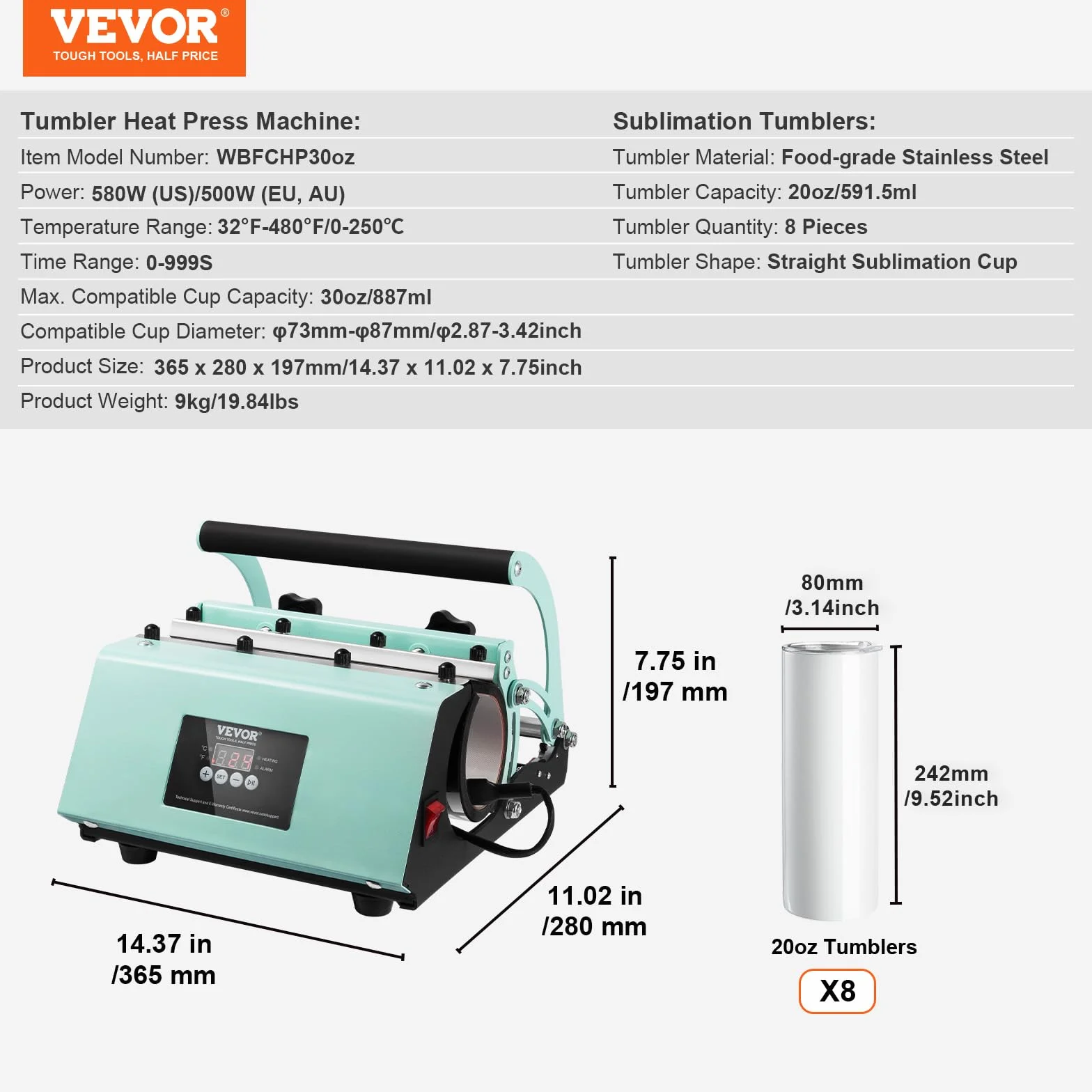 VEVOR Prensa de Calor para Tazas, Prensa de Impresión de Tazas con 8 Tazas Sublimables en Blanco de 59cl, Máquina de Sublimación de Capacidad de 32,5-89cl con Papel de Transferencia de Calor, Guantes