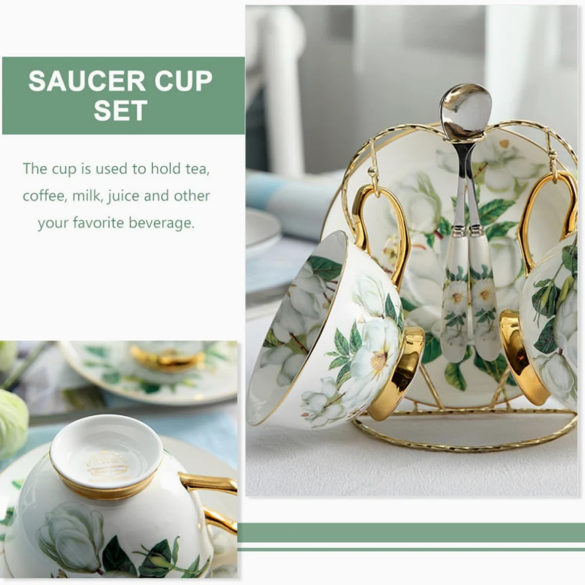 BESTOYARD Juego de Taza de Café de Cerámica Platillo y Cuchara, Diseño Europeo Borde Dorado, Fácil de Limpiar y Uso Prolongado para Té y Café