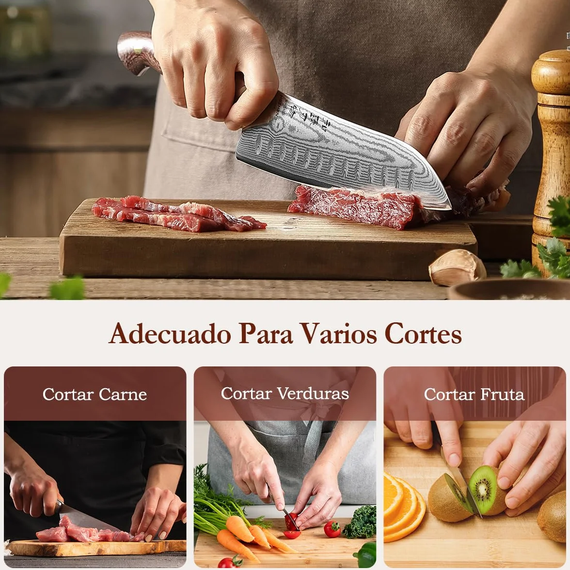 HEZHEN Cuchillo Santoku con Funda de Madera, Cuchillo de Chef Estilo Japonés Cuchillo Gyuto, Hoja de Acero Damasco de Alto Carbono, Full Tang Mango de Micarta
