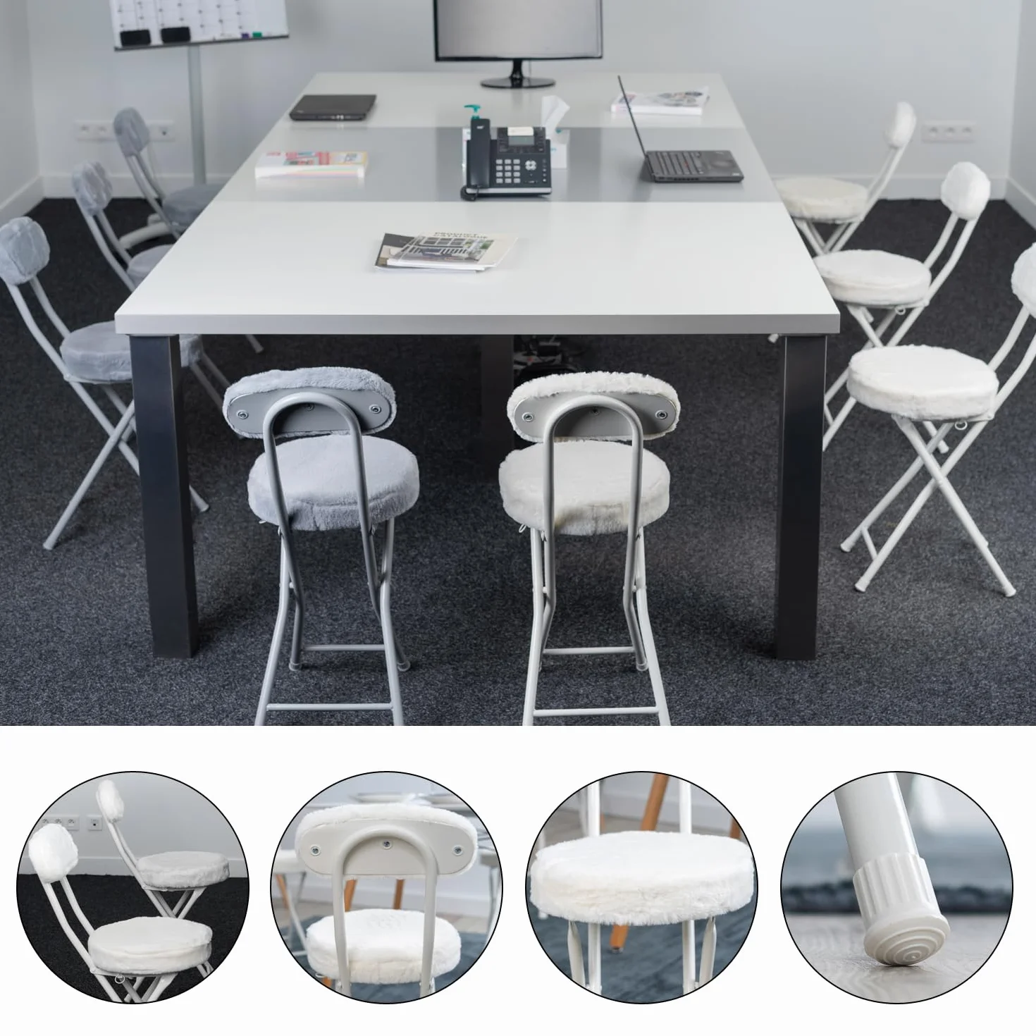 MEUBLE Cosy Juego de 4 Sillas Plegable Taburete con Respaldo y Reposapiés Tapizados de Piel, Estructura de Metal, Blanco