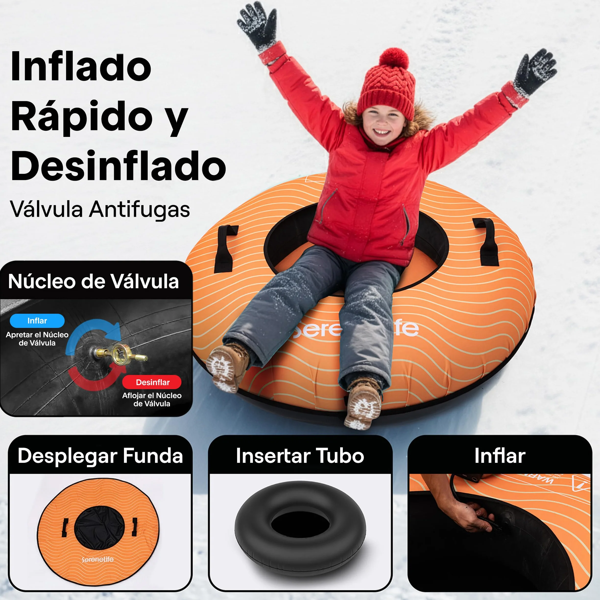 SereneLife Snowtube 101/112/122 cm – Trineo Inflable para Niños y Adultos con Base de Plástico Resistente, Cuerda de Arrastre y Diseño Deslizante para Nieve