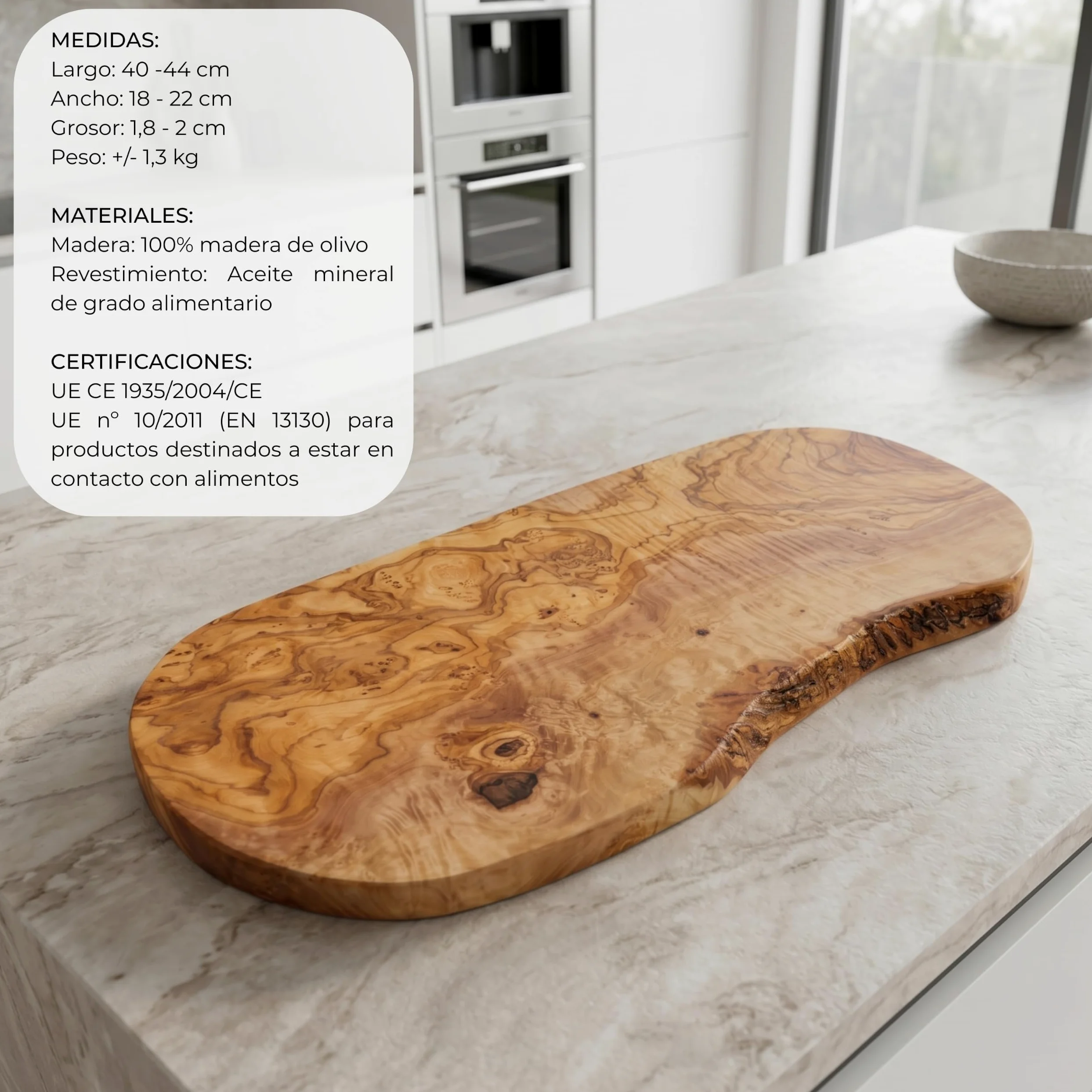Erreke Tabla de Madera de Olivo Natural para Cortar y Servir, 43 x 21 cm | Tabla Madera Cocina. Reversible y Artesanal para Servir y Picar Quesos Embutidos Pan. Estilo Mediterráneo Rústico. Uso Diario