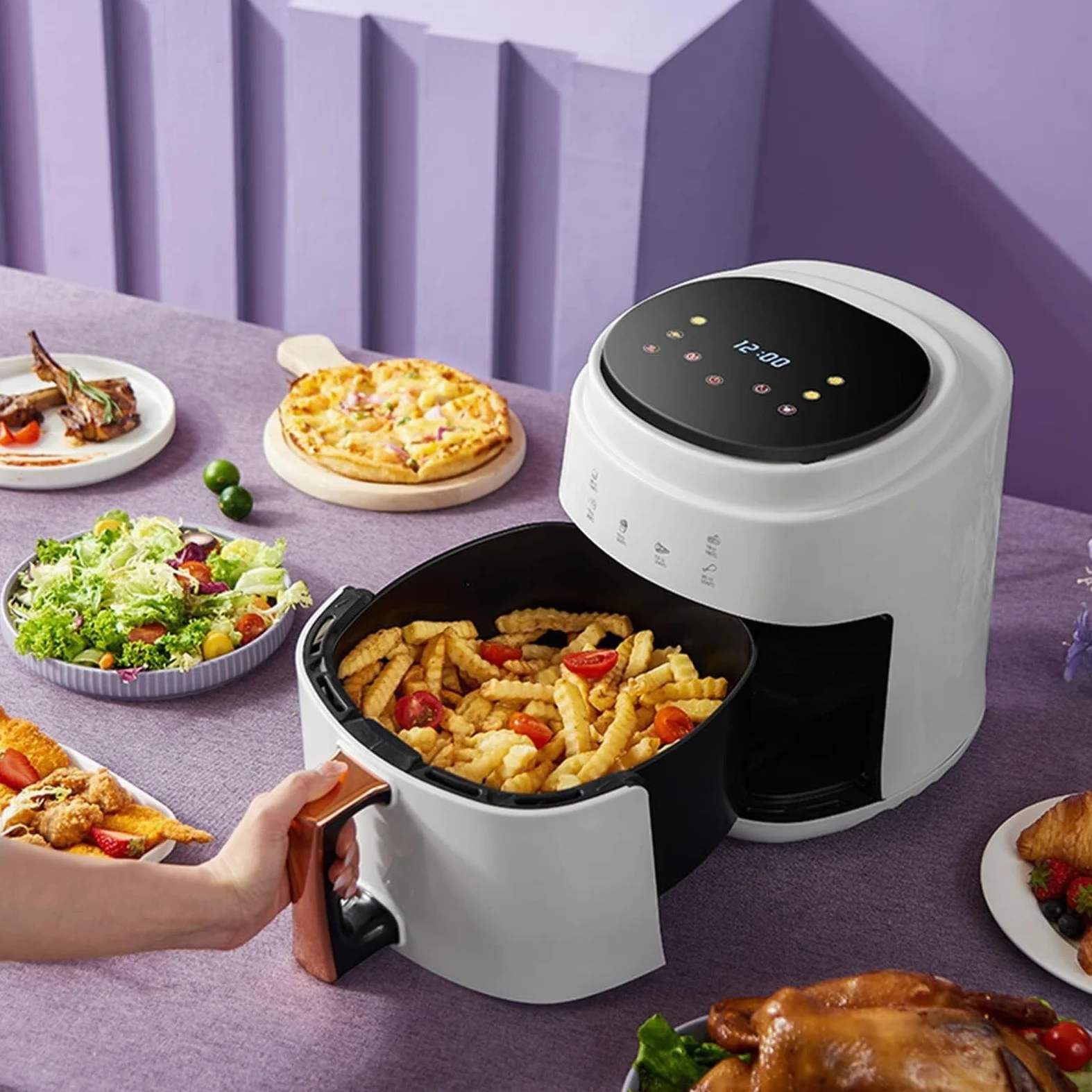 Horno freidora de aire con circulación rápida de aire, sin aceite, temporizador de 60 minutos, temperatura ajustable, cesta antiadherente, receta incluida, control inteligente para comidas familiares