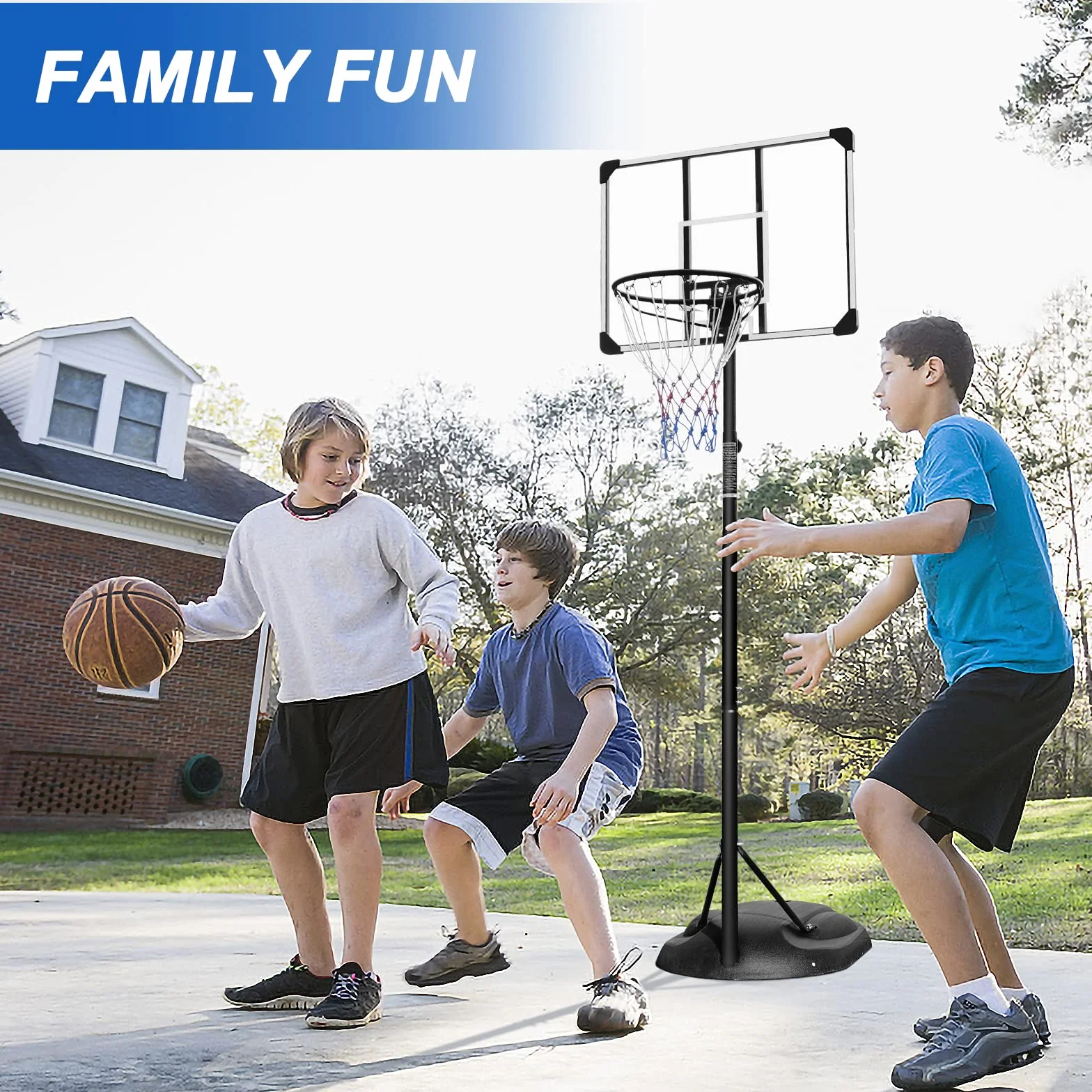 Sistema de aro de baloncesto portátil de altura ajustable 7-9 pies tablero transparente 32 pulgadas ruedas interiores exteriores 230-280 cm