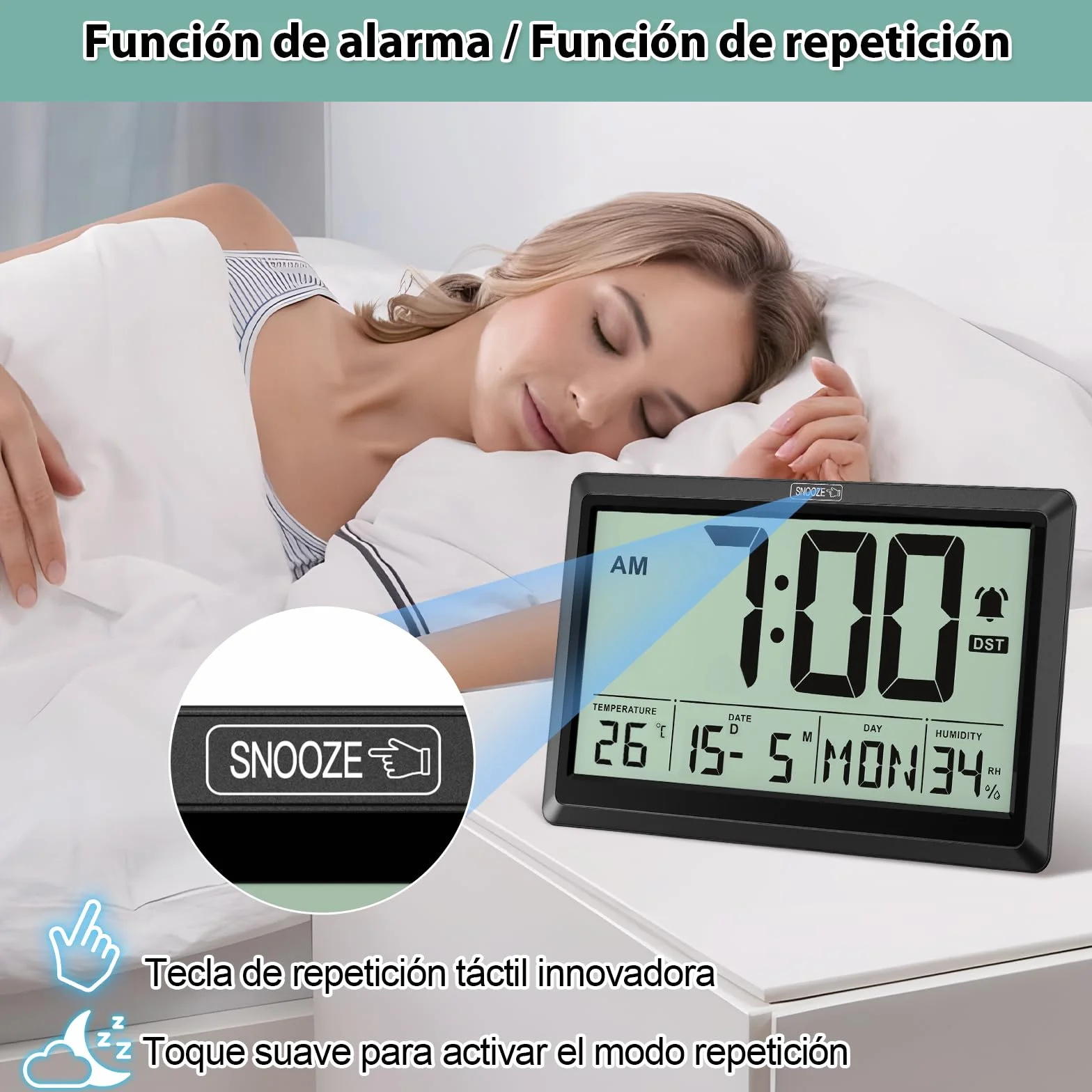 XREXS Reloj Digital de Pared y Mesa de 19,4 x 10,4 cm, Pantalla LCD HD, Reloj Despertador, repetición, DST, Temperatura/Humedad, ℃/℉ y conmutable 12/24 Horas, Funciona con Pilas para hogar y Oficina