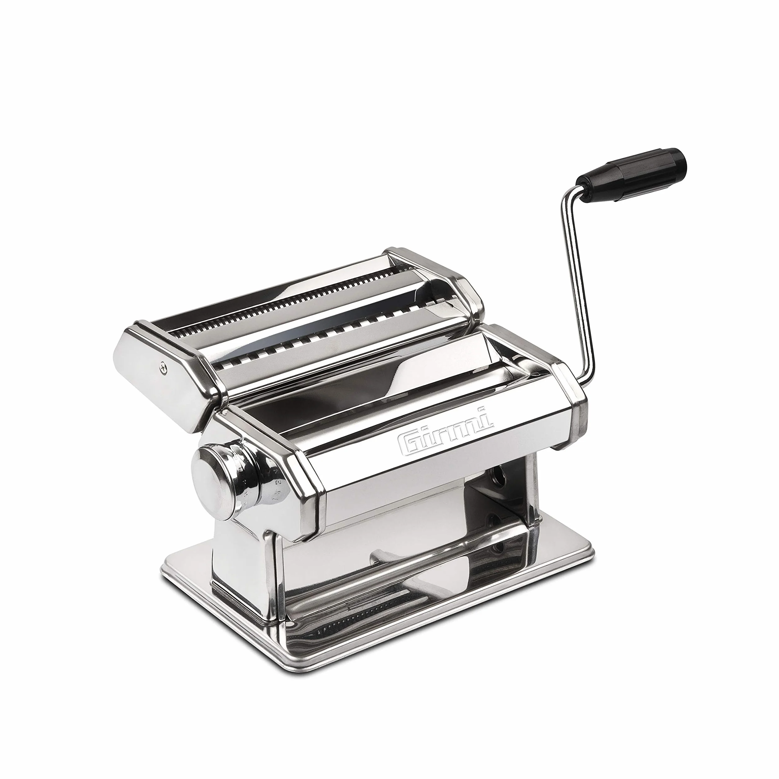 Girmi IM90 Máquina de Pasta Manual, Laminadora 15 cm, 9 Ajustes de Grosor 0,3-3,5 mm, 3 Cortes (Lasaña, Tagliatelle, Espaguetis), Acero Inox, Rodillos Aluminio, Manivela y Mordaza