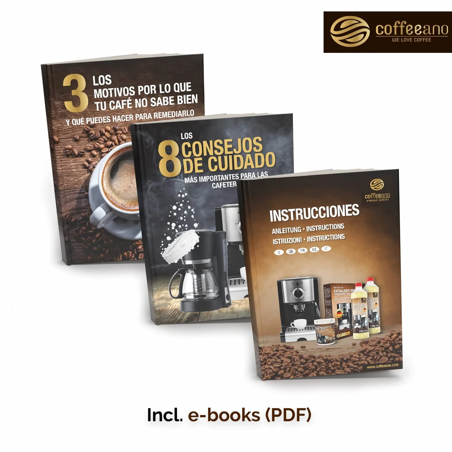 250 pastillas limpiadoras Coffeeano Clean&Protect para cafeteras automáticas y cafeteras. Pastillas limpiadoras aptas para todas las marcas y electrodomésticos. Incluye un libro electrónico