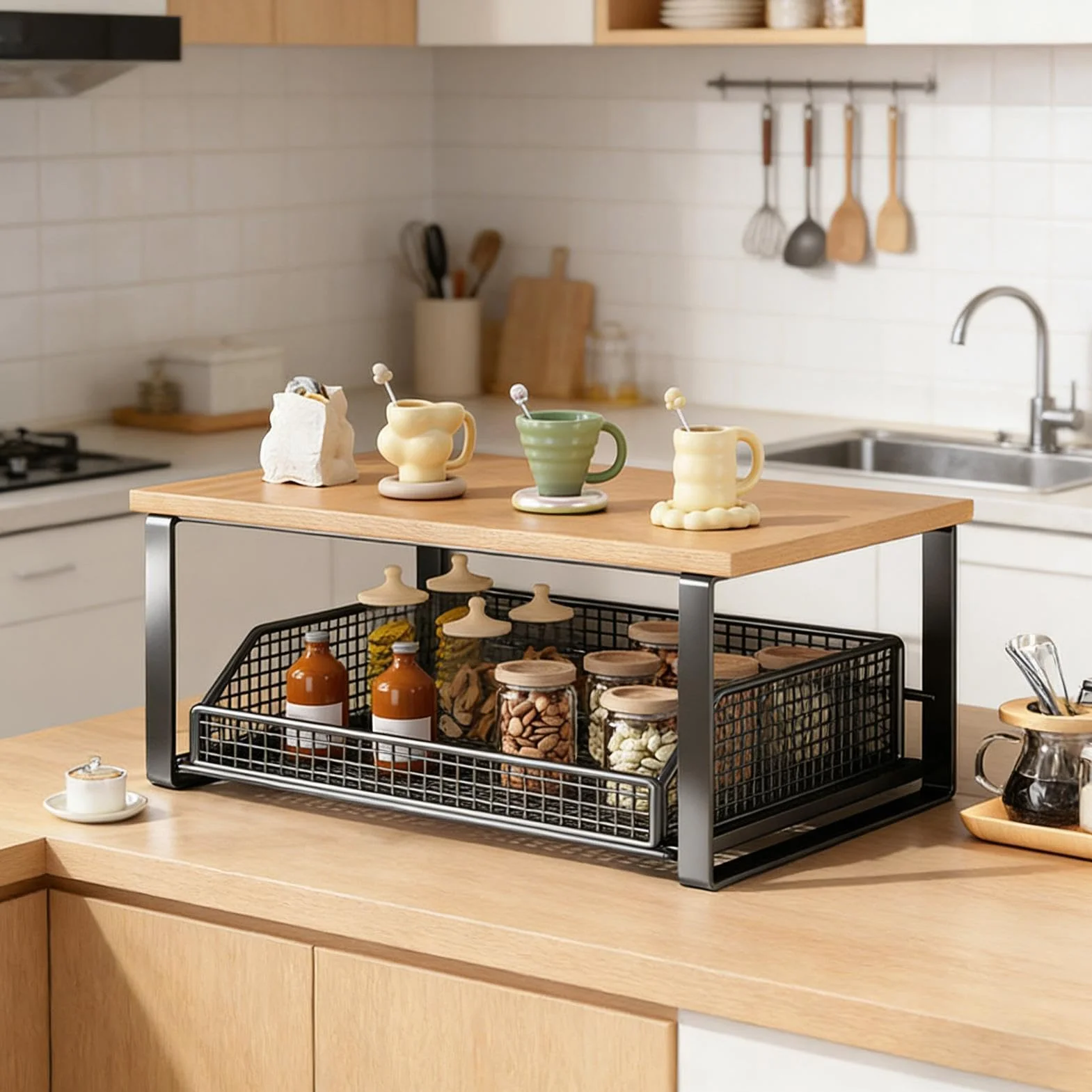 Cesta de almacenamiento de cocina multiusos: soporte para organización de 37 x 26 x 18 cm, contenedor para cápsulas de café, contenedor de encimera que ahorra espacio, usos versátiles de solución de a