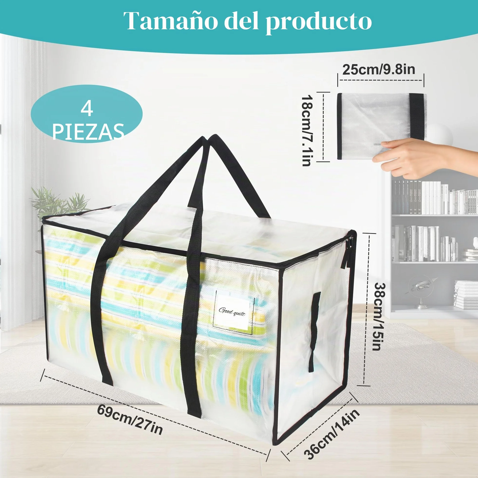 Pack de 4 Bolsas de Mudanza,90L Bolsas de Almacenamiento, Bolsas Mudanza Ropa, Transparente Almacenamiento de Ropa Grande, Bolsa de Viaje con Bolsillo para Etiqueta, Bolsa de Mudanza con Asa para Gua
