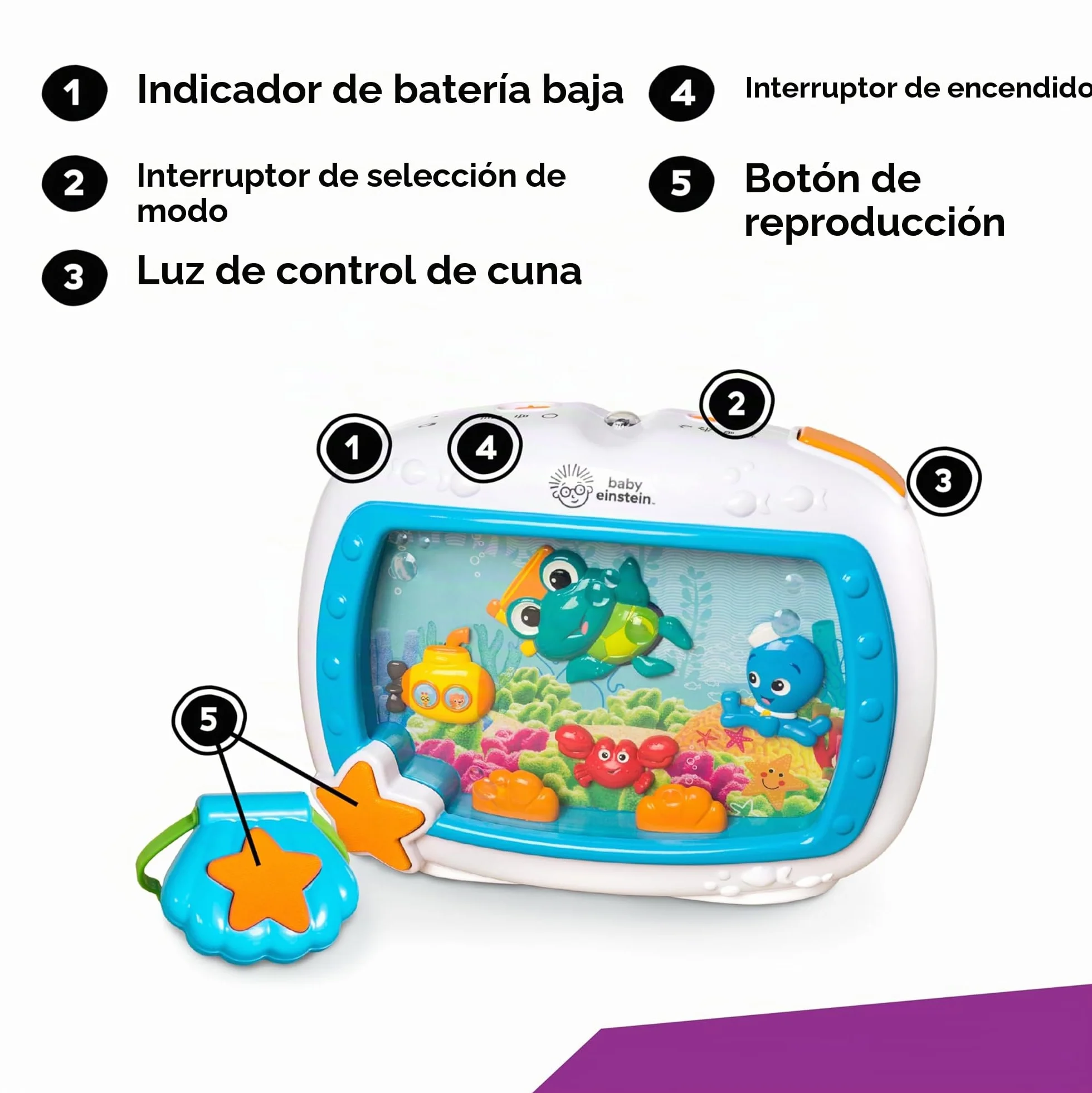 Baby Einstein Sea Dreams Soother Máquina de Ruido Blanco para Bebé con Luces, Música y Sonidos Marinos, Acuario Juguete de Cuna con Control Remoto