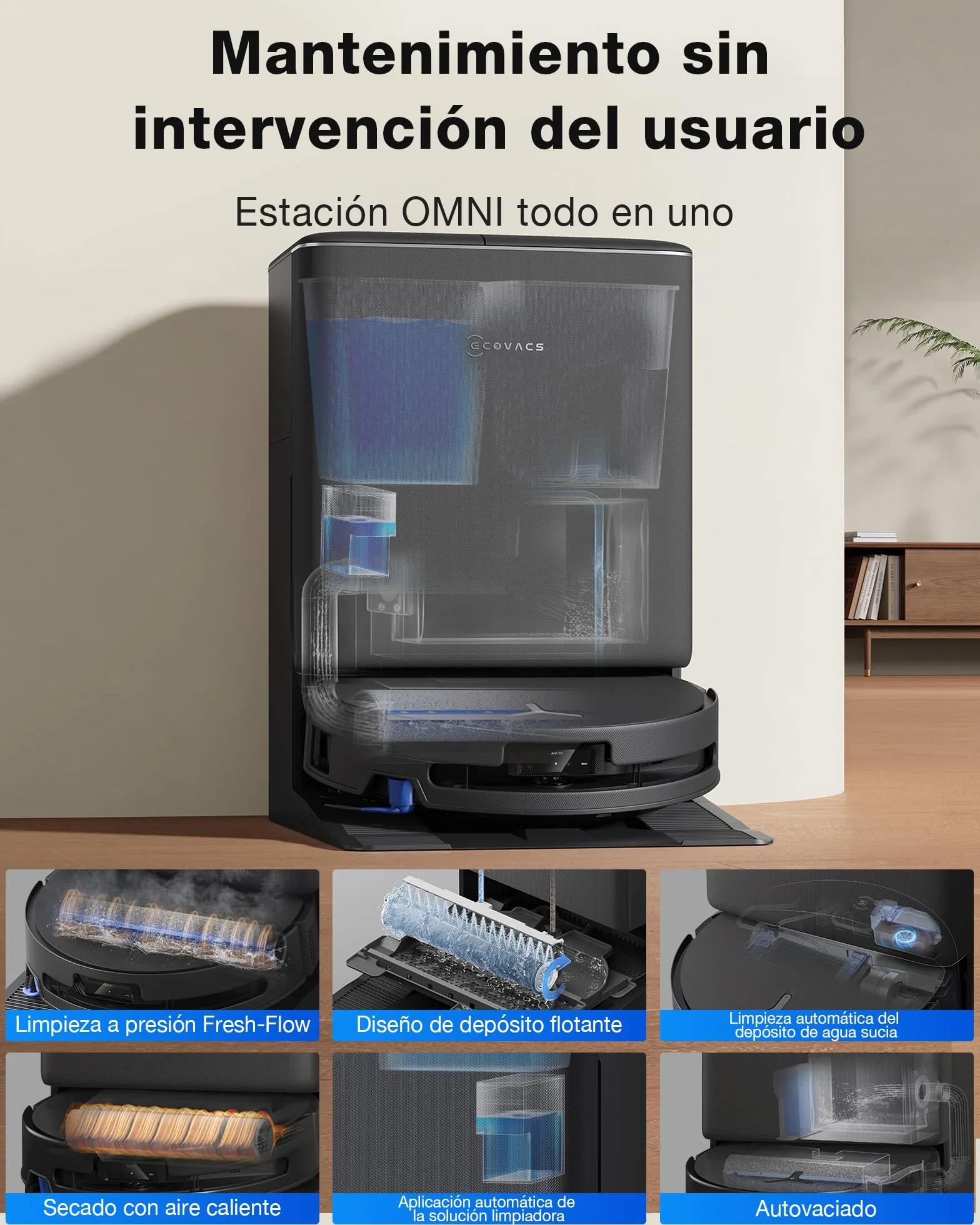 ECOVACS DEEBOT T90 Pro Omni Robot Aspirador y Mopa, 30 000 Pa, Carga PowerBoost, OZMO Roller 3.0 con Tecnología TruEdge 3.0, Aplicación Automática de la Solución de Limpieza, Agent YIKO AI, Negro