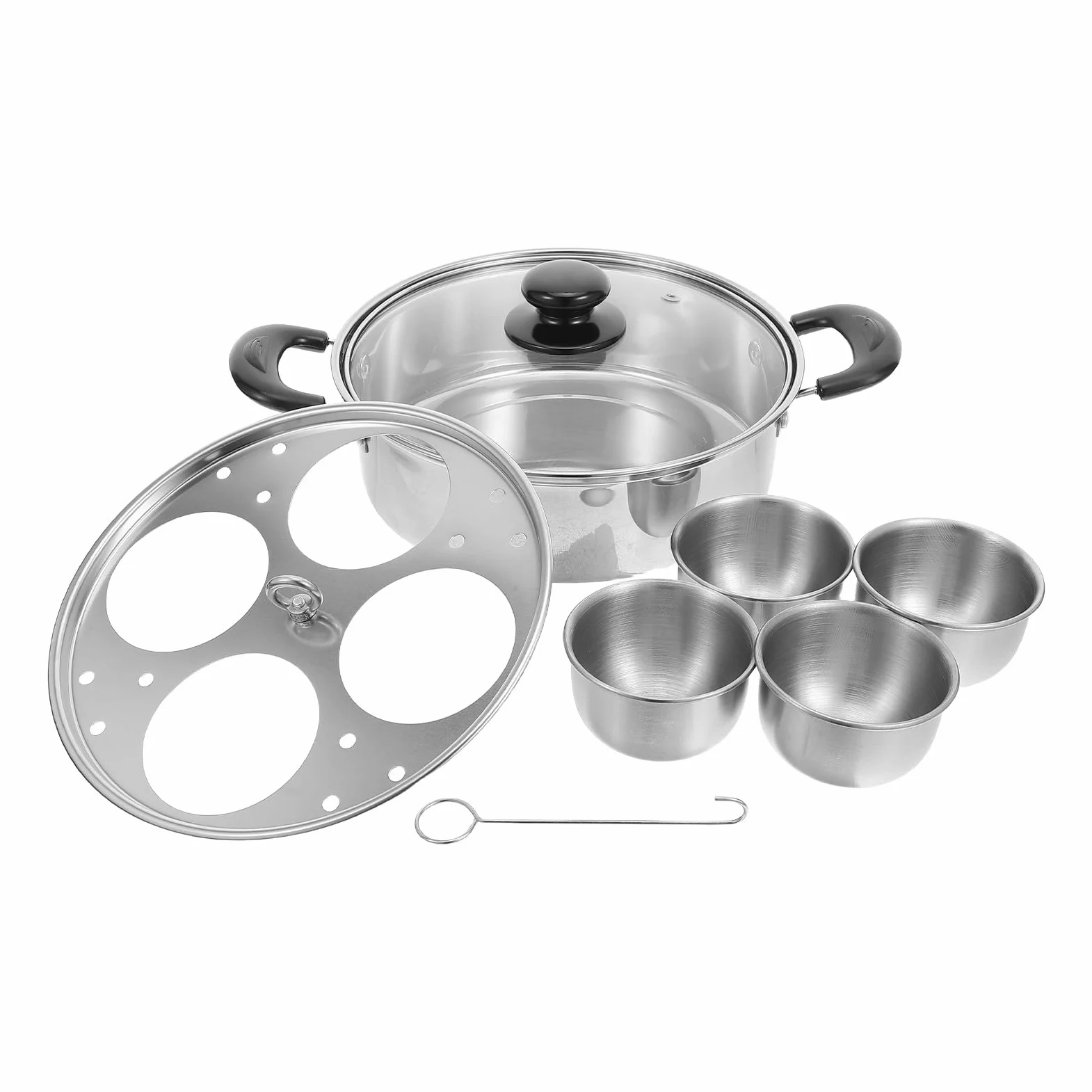 Operitacx Vaporera de Huevos de Acero Inoxidable para Cocina con 4 Tazas Desmontables y Tapa, Olla para Huevos al Vapor Adecuado para Desayuno en Casa