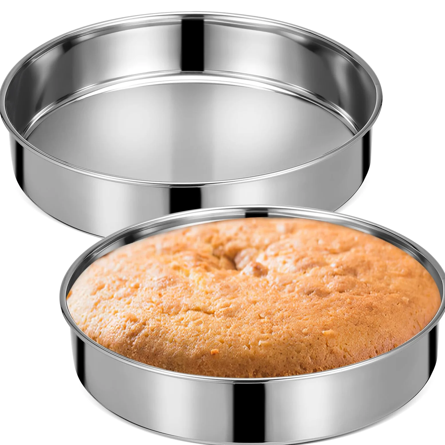 Angoily Juego de 2 Moldes Redondos para Pasteles de Acero Inoxidable 24 CM sin Borde Orejas Bandejas para Hornear y Servir Resistentes a Altas Temperaturas Aptos para Cocina al Vapor