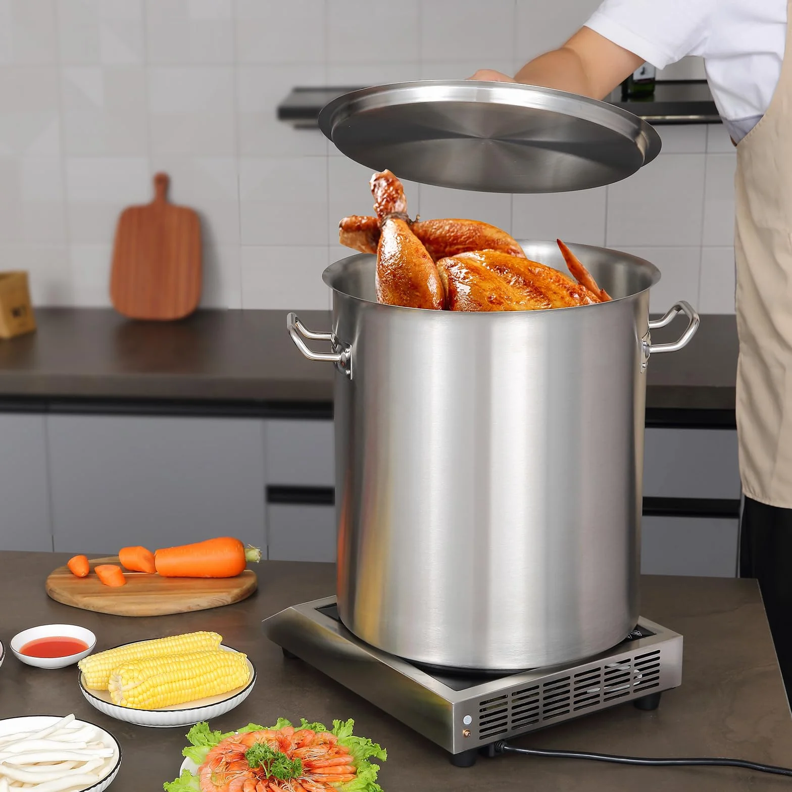 VEVOR Olla para Sopa 39,7 L Olla con Tapa y Asa Diámetro de 35 cm Alto de 41 cm Grande de Acero Inoxidable, Llama Abierta e Inducción para Eventos Comerciales, Restaurantes