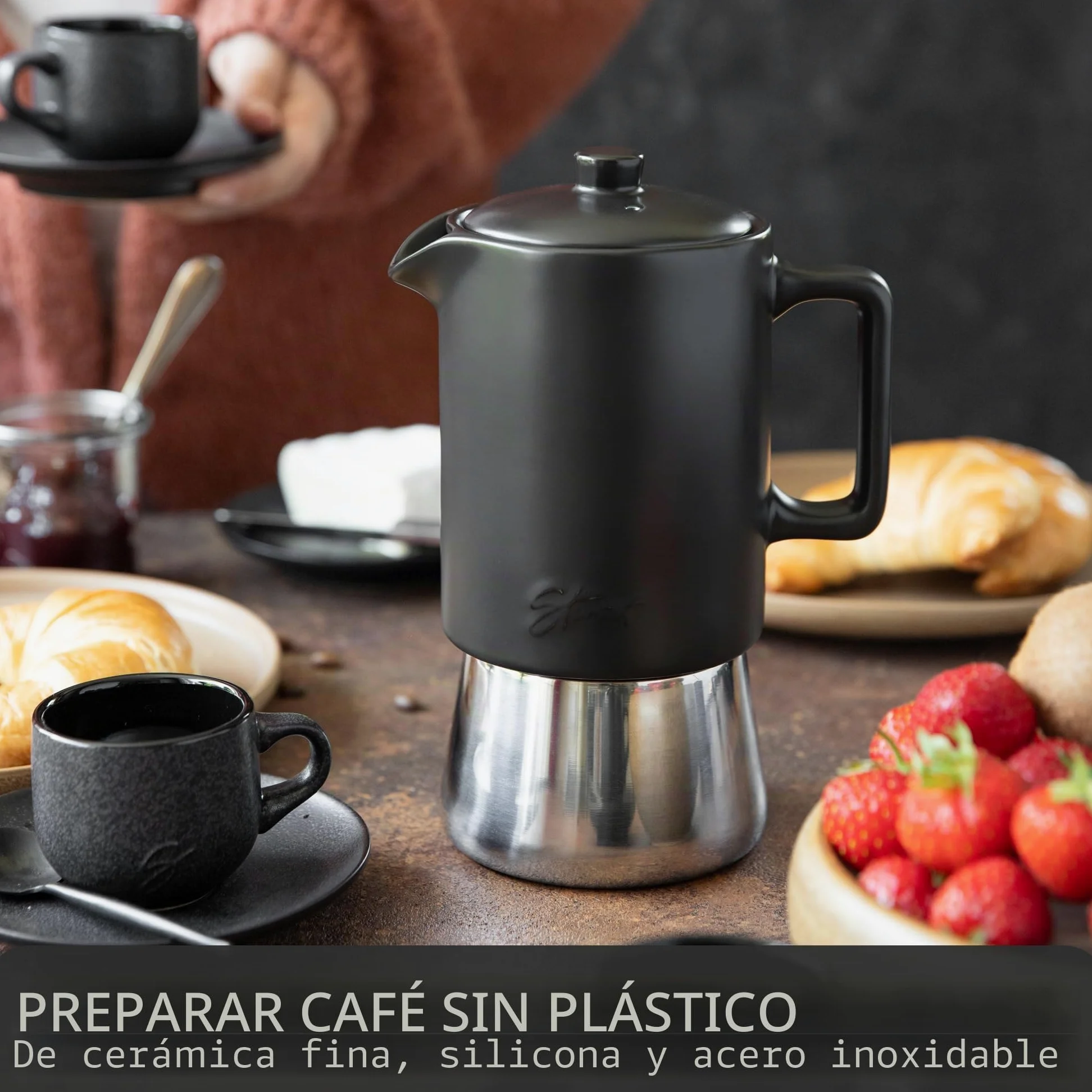 Steinzeit Cafetera espresso de diseño de cerámica (300 ml) – Cafetera de inducción apta para todo tipo de fuegos – Cafetera moka con base de acero inoxidable y jarra de cerámica