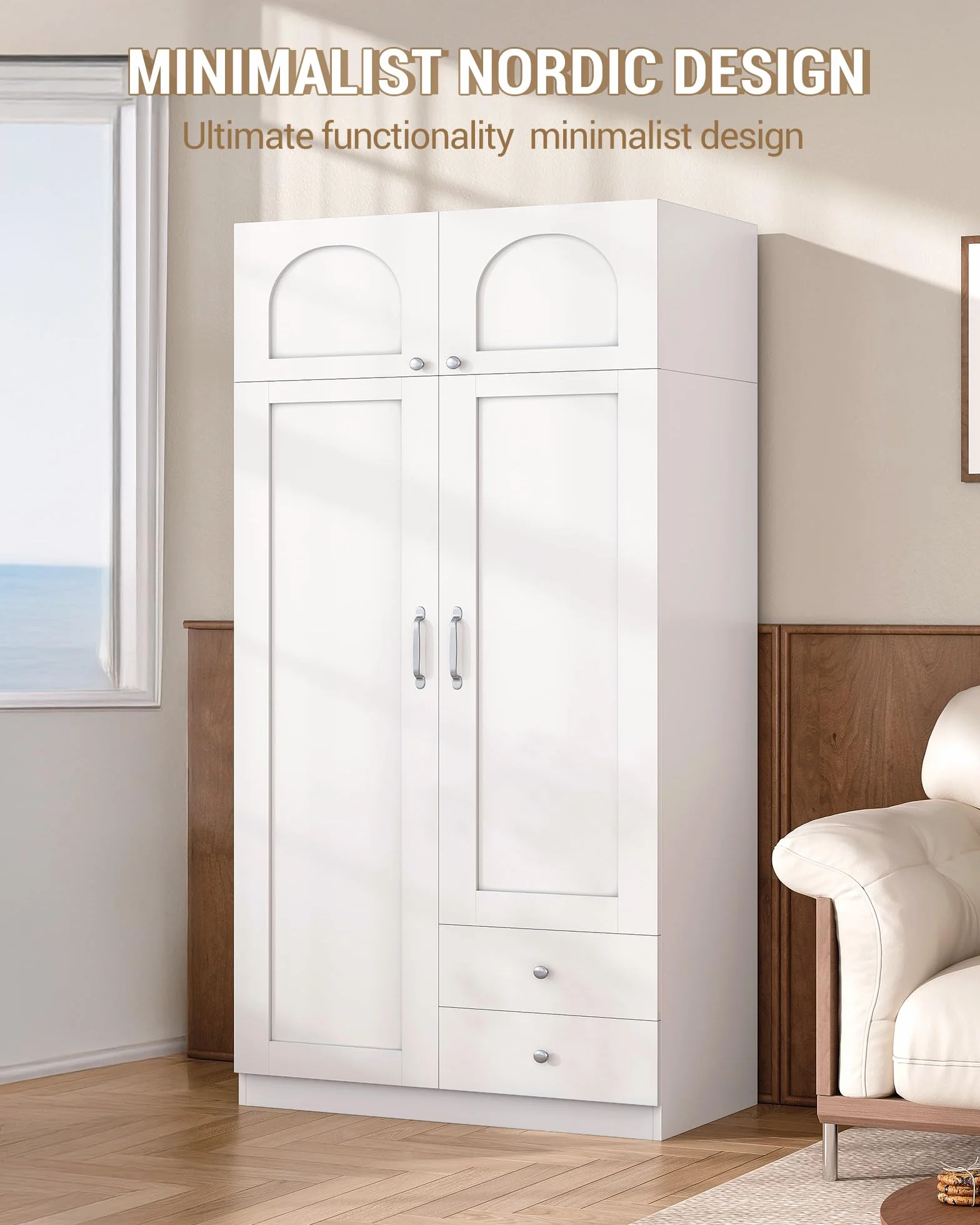 Hzuaneri Armario de 4 Puertas, 45×80×180 cm, Armarios Dormitorio con 2 Cajones y Perchas, 2 Estantes y Ganchos en Los Laterales de Las Puertas, Estilo Moderno y Minimalista, Blanco BW08003E