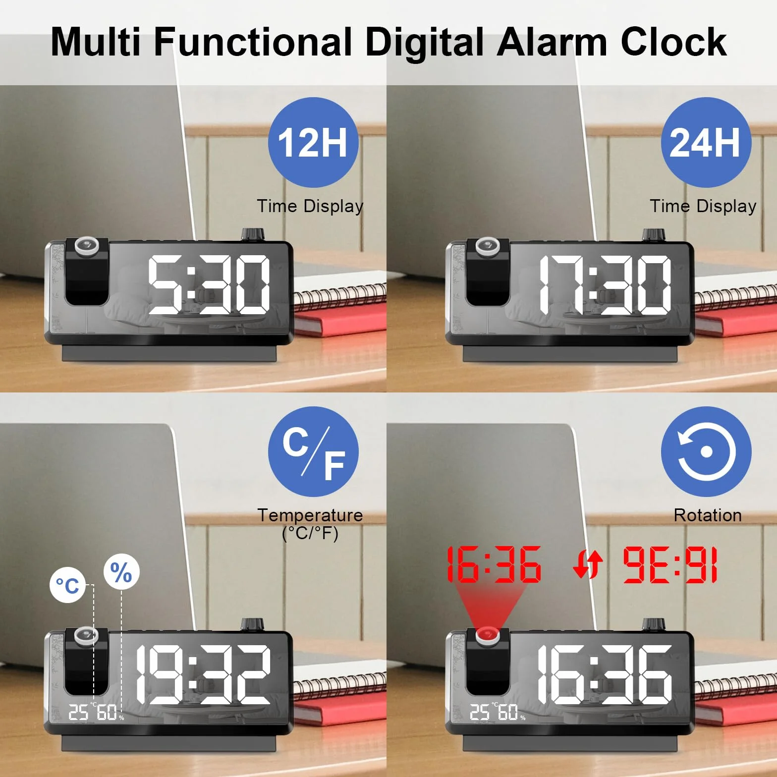 Cuteefun Reloj Proyector Techo, 7 Pulgadas Despertador Digital, Proyector de 180°, Puerto USB Doble, Temperatura y Humedad, Brillo de 3 Niveles, 12/24H, Doble Alarma, Snooze, Negro