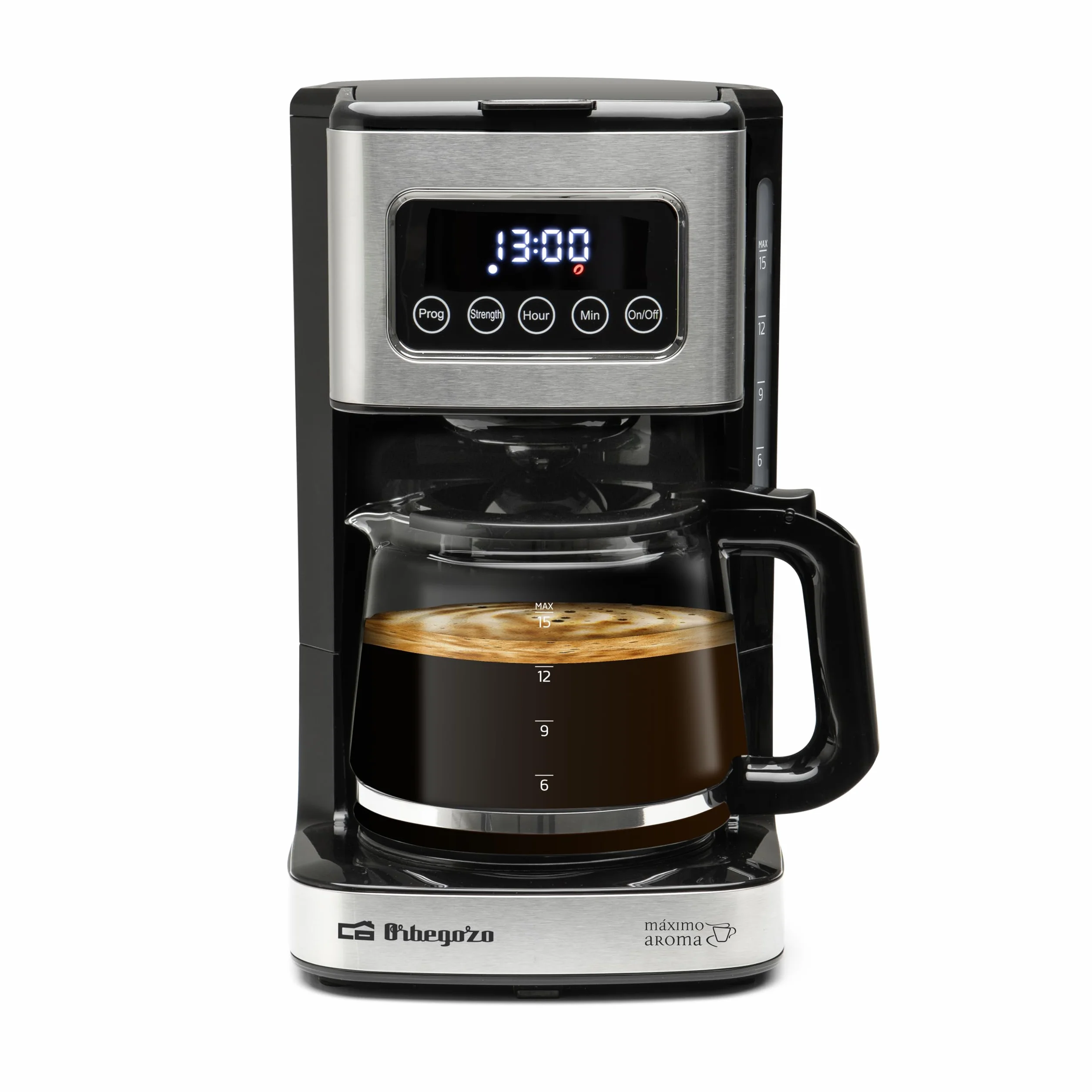 Orbegozo CG 6015 Cafetera de goteo programable 15 tazas, 900W, café listo a la hora deseada, panel táctil, jarra de cristal 1.5L, filtro permanente y apagado automático