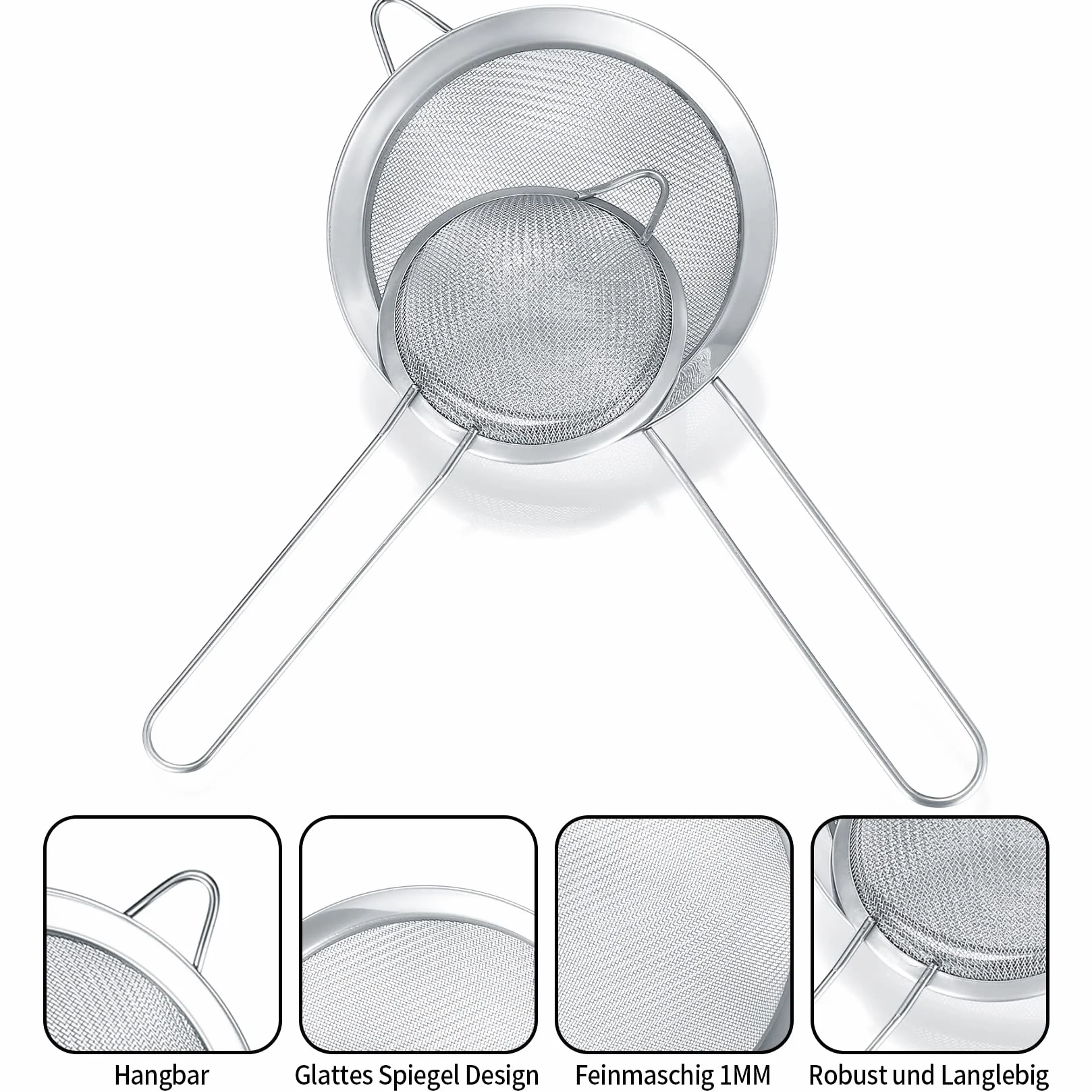 4 Piezas Coladores de Malla de Cocina Acero Inoxidable, Colador Acero Malla Fina con Mango para Té, Pasta, Arroz, Frutas, Verduras, Alimentos, Harina (Modelo A)