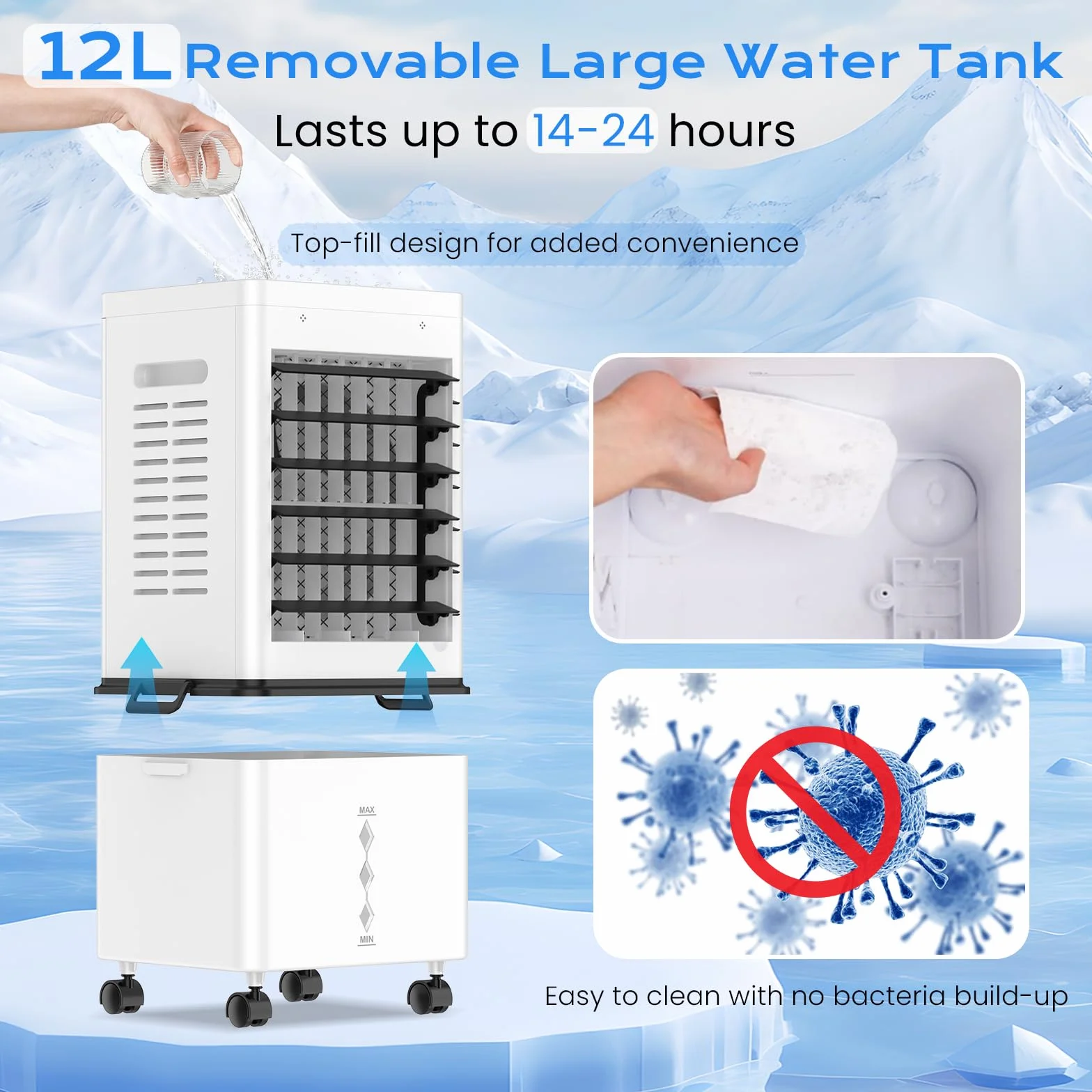 Aire Acondicionado Portátil sin Tubo 12L, 45W 4 en 1 Enfriador de Aire Silencioso, 6 Velocidades 3 Modos, Oscilación, Temporizador de 1-12 H, Control Remoto 4 Packs de Hielo para Hogar Oficina