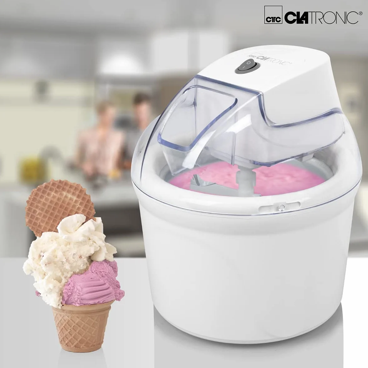 Clatronic máquina de hielo/máquina de té suave ICM 3764 para helado/sorbete/Yogur congelado/Slush, para el hogar, almacenamiento en frío, llenado, 1500 ml, incl. Sugerencias de recetas, blanco