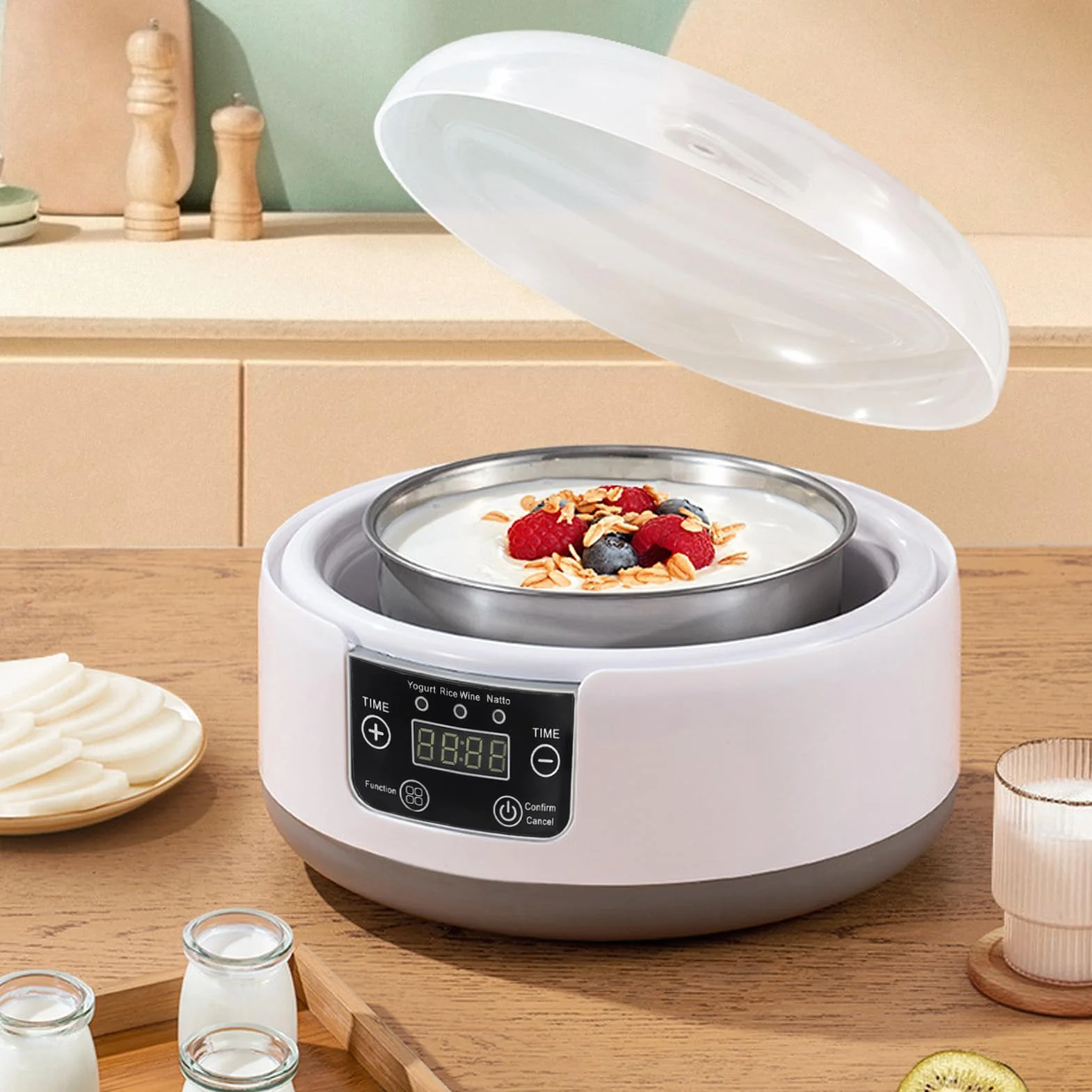 Respicefinem Máquina eléctrica para hacer yogur 1 Máquina para hacer yogur y natto casera de 2 litros con revestimiento de acero inoxidable Incubadora doméstica pequeña y fácil de