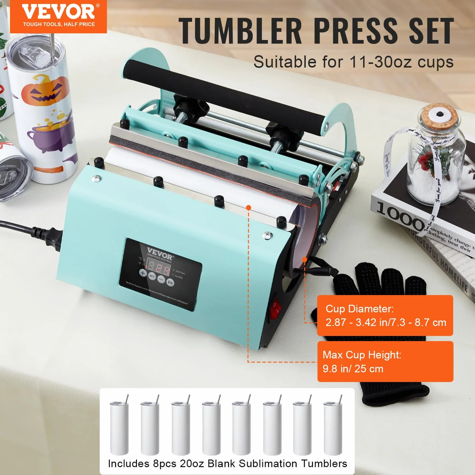 VEVOR Prensa de Calor para Tazas, Prensa de Impresión de Tazas con 8 Tazas Sublimables en Blanco de 59cl, Máquina de Sublimación de Capacidad de 32,5-89cl con Papel de Transferencia de Calor, Guantes