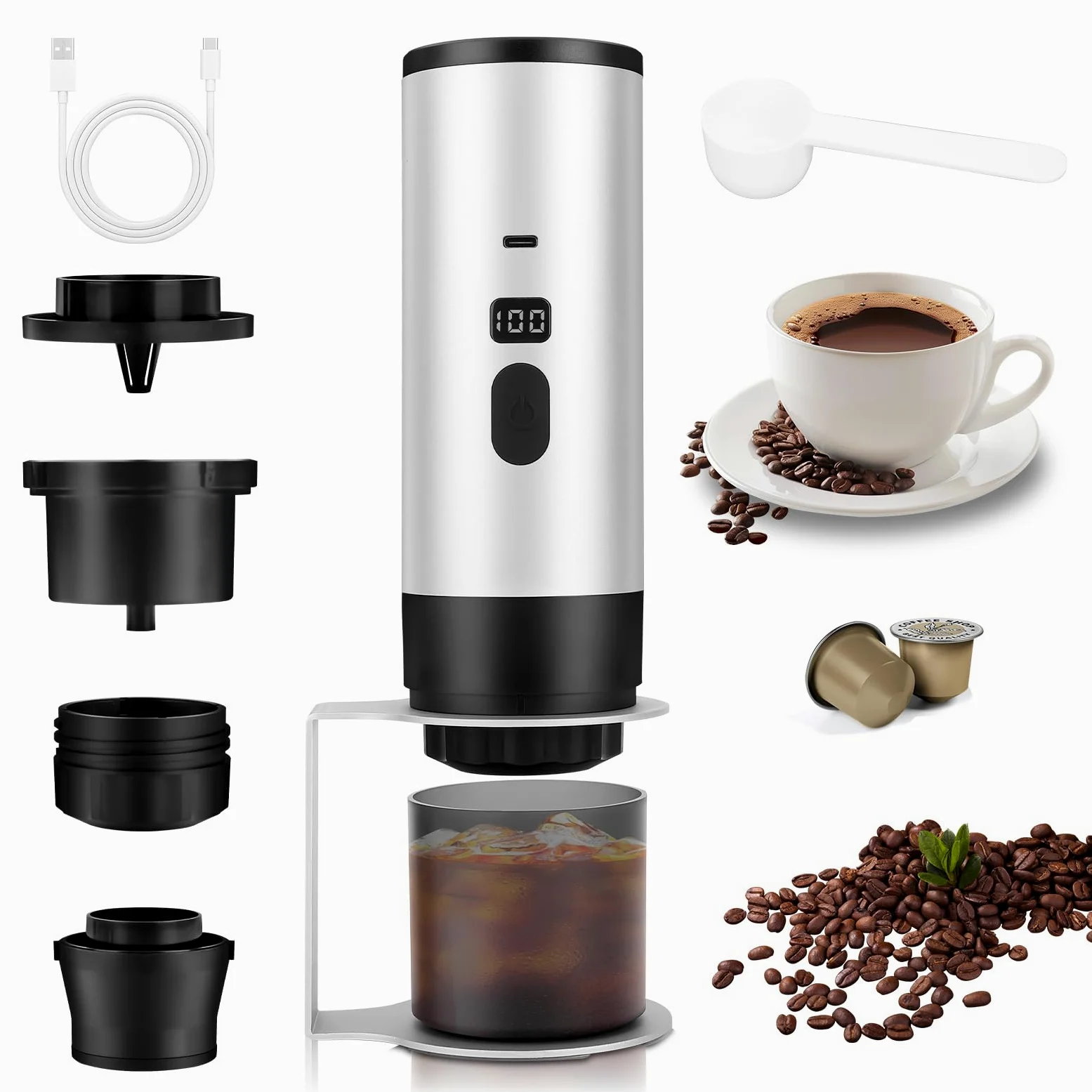 Cafetera eléctrica portátil de cápsulas con autocalentamiento y Pantalla, Recargable, 7800 mAh, Compatible con cápsulas Dolce Gustos y café molido, Ideal para Viajes, Oficina y Hog