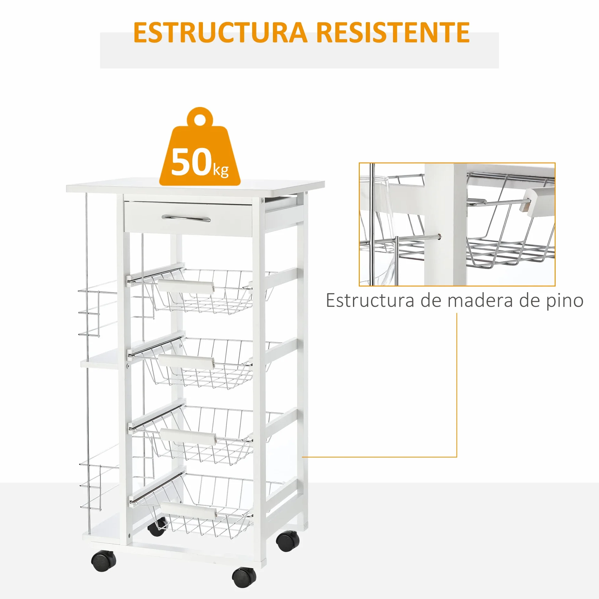 HOMCOM Carrito de Cocina con Ruedas Carro Multiusos con Cajón 4 Cestas Extraíbles de Metal y Bastidores Laterales 47x37x83 cm Blanco