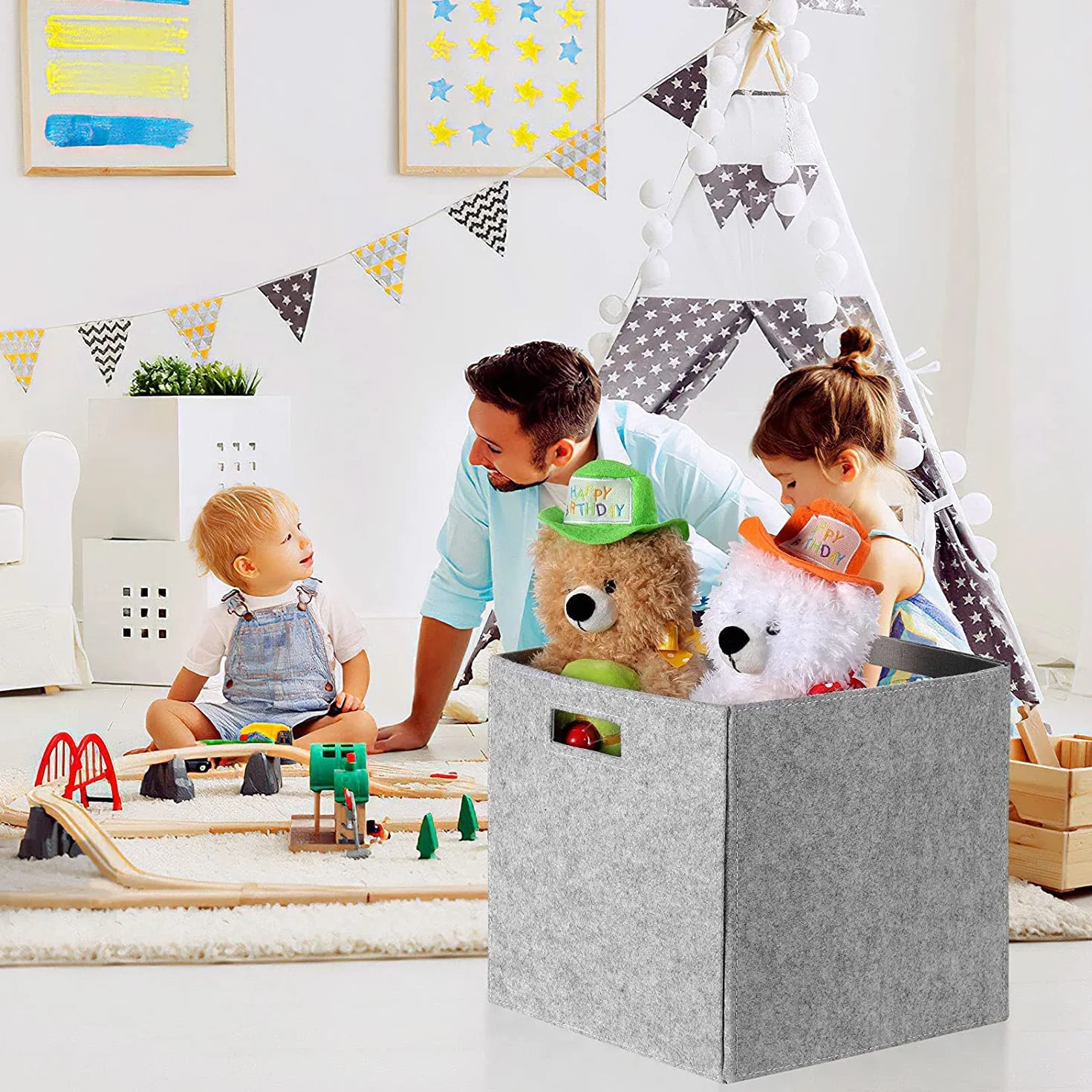 Caja de almacenamiento de fieltro plegable juego de 3 organizador 30 x 30 x 30 cm gris claro