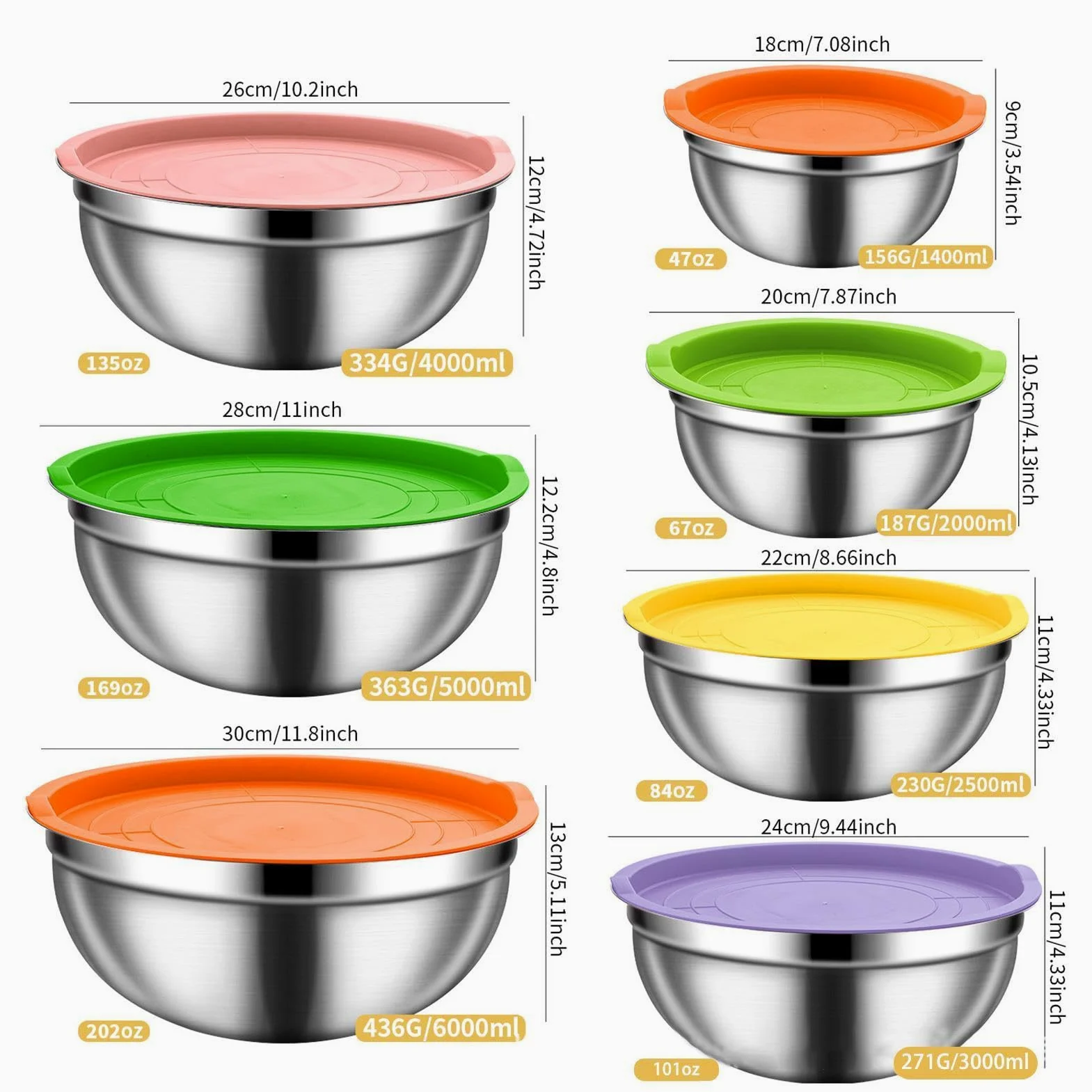 Juego de Bol para Mezclar con Tapa Herméticas de Acero Inoxidable, Juego | Organizador De Alimentos Con Tapa para Cereales, Snacks, Huevos, Aderezos, Verduras, Masa y Frutas