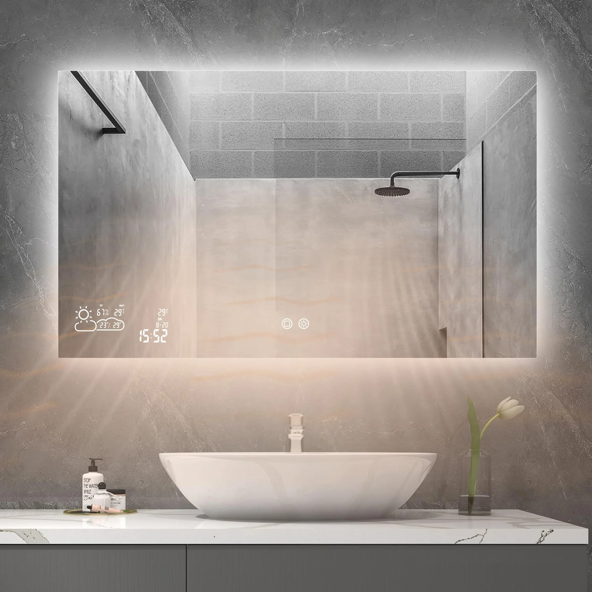 byecold Espejo de baño con iluminación LED 100x60 cm, Calefacción con estación meteorológica, WiFi, Espejo de baño, Calefacción con Interruptor táctil, Horizontal