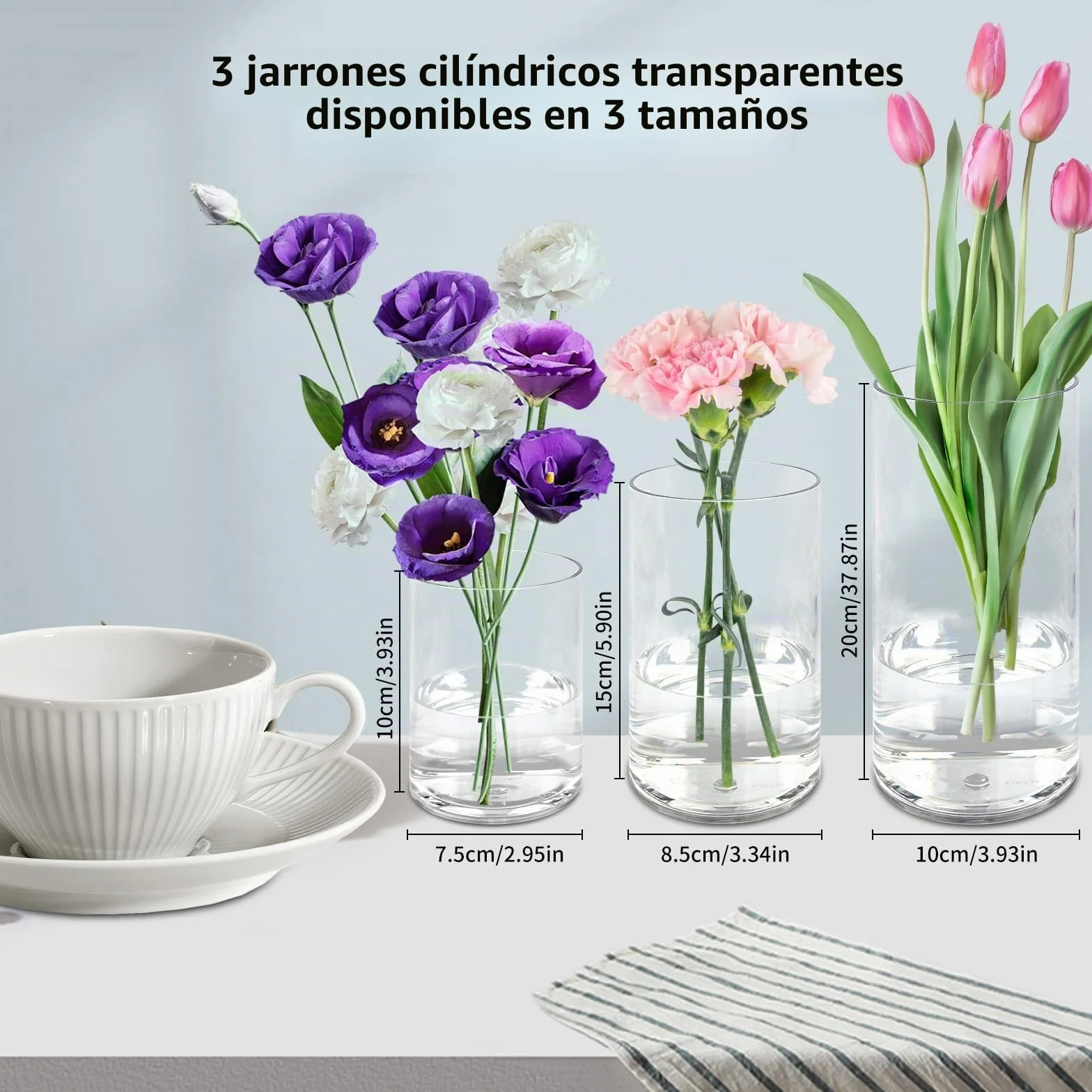 Olrla Jarrones cilíndricos transparentes, juego de 3 piezas, jarrones pequeños de acrílico para decoración de mesa de boda, decoración del hogar, decoración de oficina, irrompible