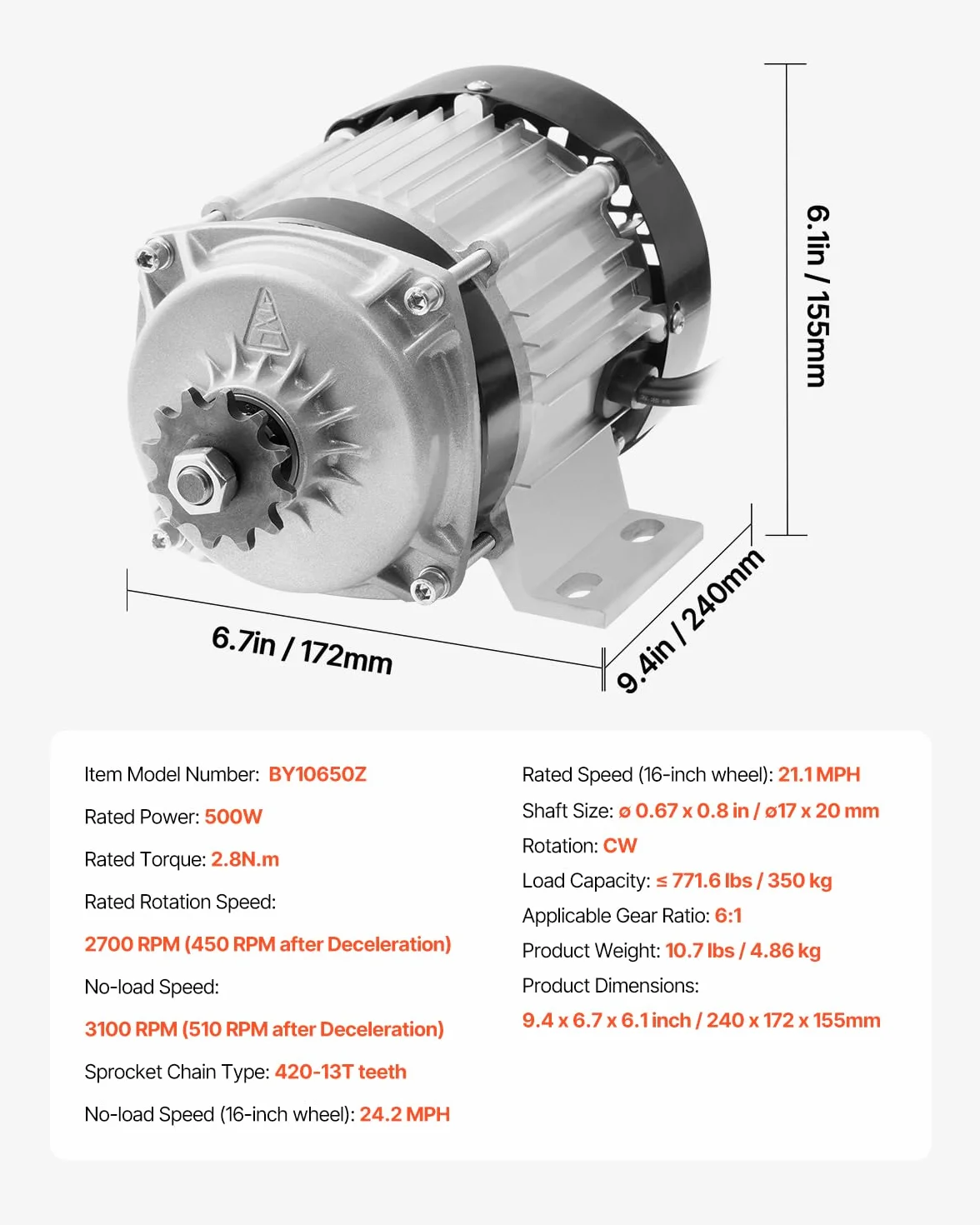 VEVOR Kit Motor Eléctrico sin Escobillas CC 500 W 48 V 2700 RPM Controlador Velocidad 240x172x155 mm