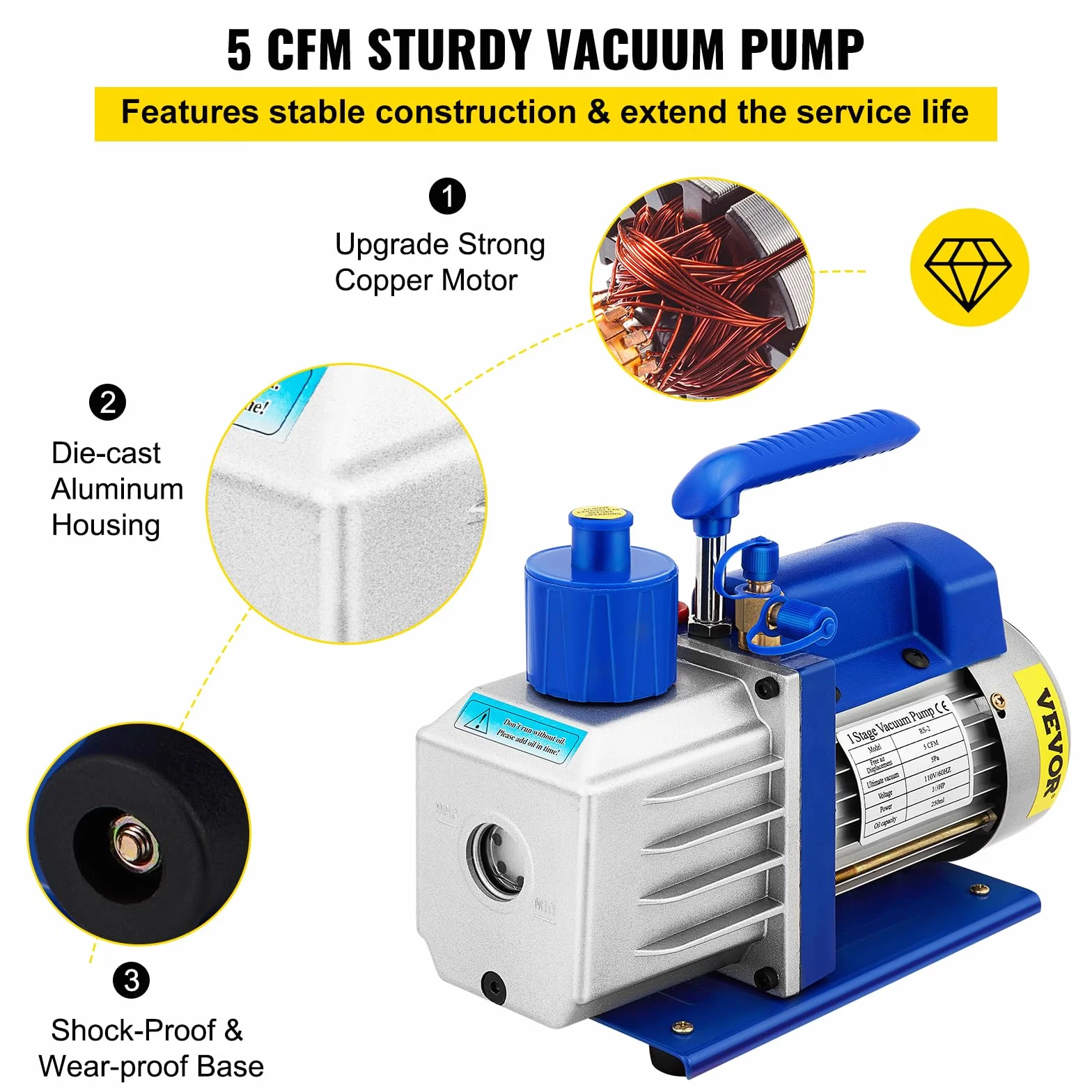 VEVOR Cámara de vacío Bomba giratoria una Sola Etapa Kit Herramientas Aire estabilización Madera desgasificación siliconas epoxis