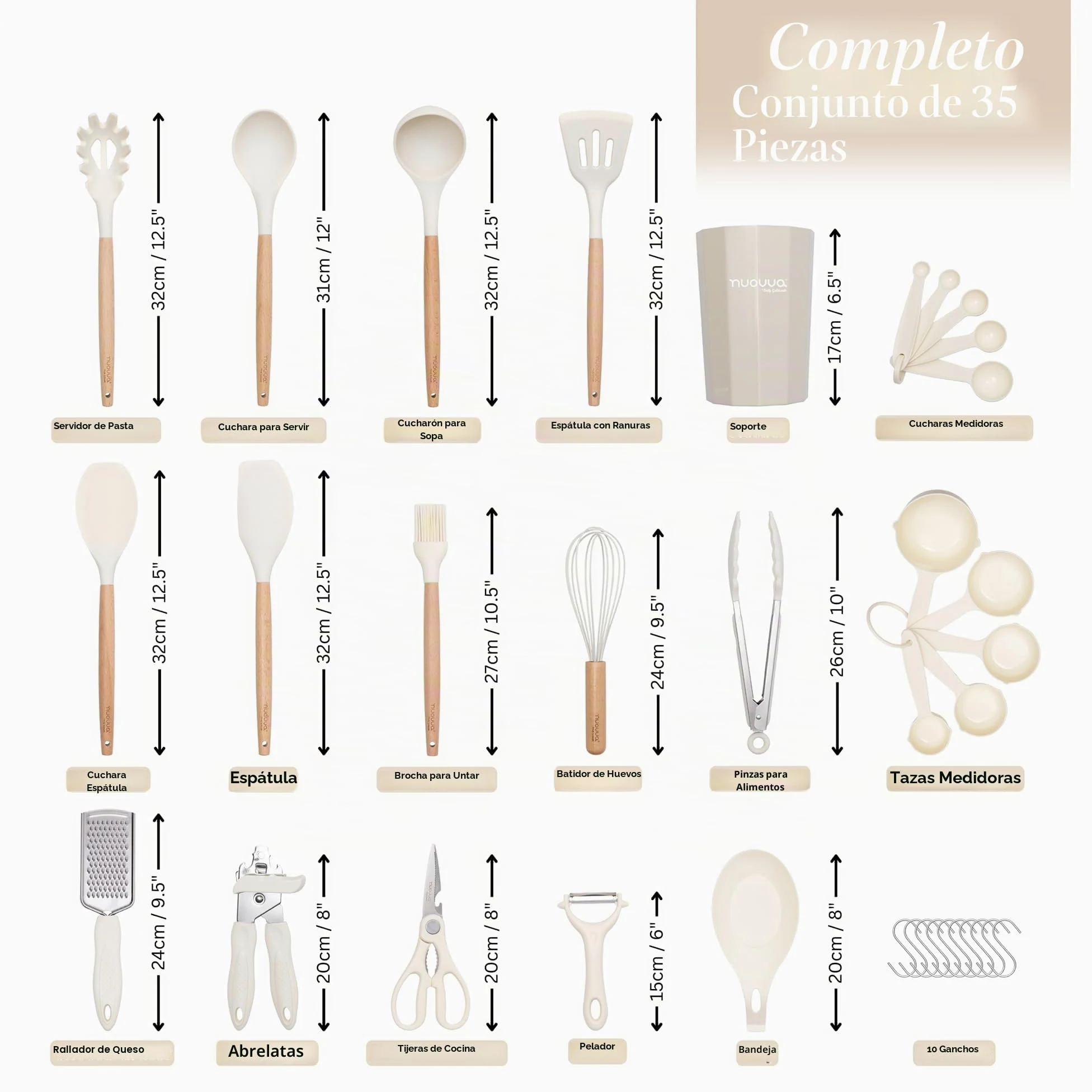 Juego de utensilios de cocina antiadherentes, utensilios de silicona resistentes al calor con mango de madera, cucharones, cucharas y espátulas
