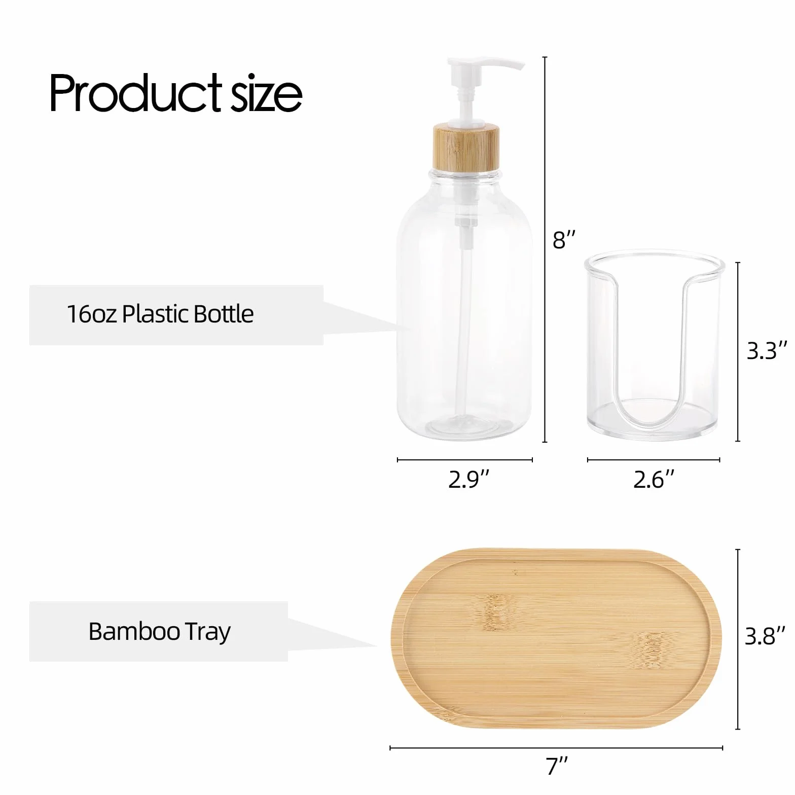 Dispensador de enjuague bucal con soporte para tazas, botella de plástico con bandeja para organizadores de baño, contenedor de enjuague bucal transparente recargable de 17 onzas, bambú