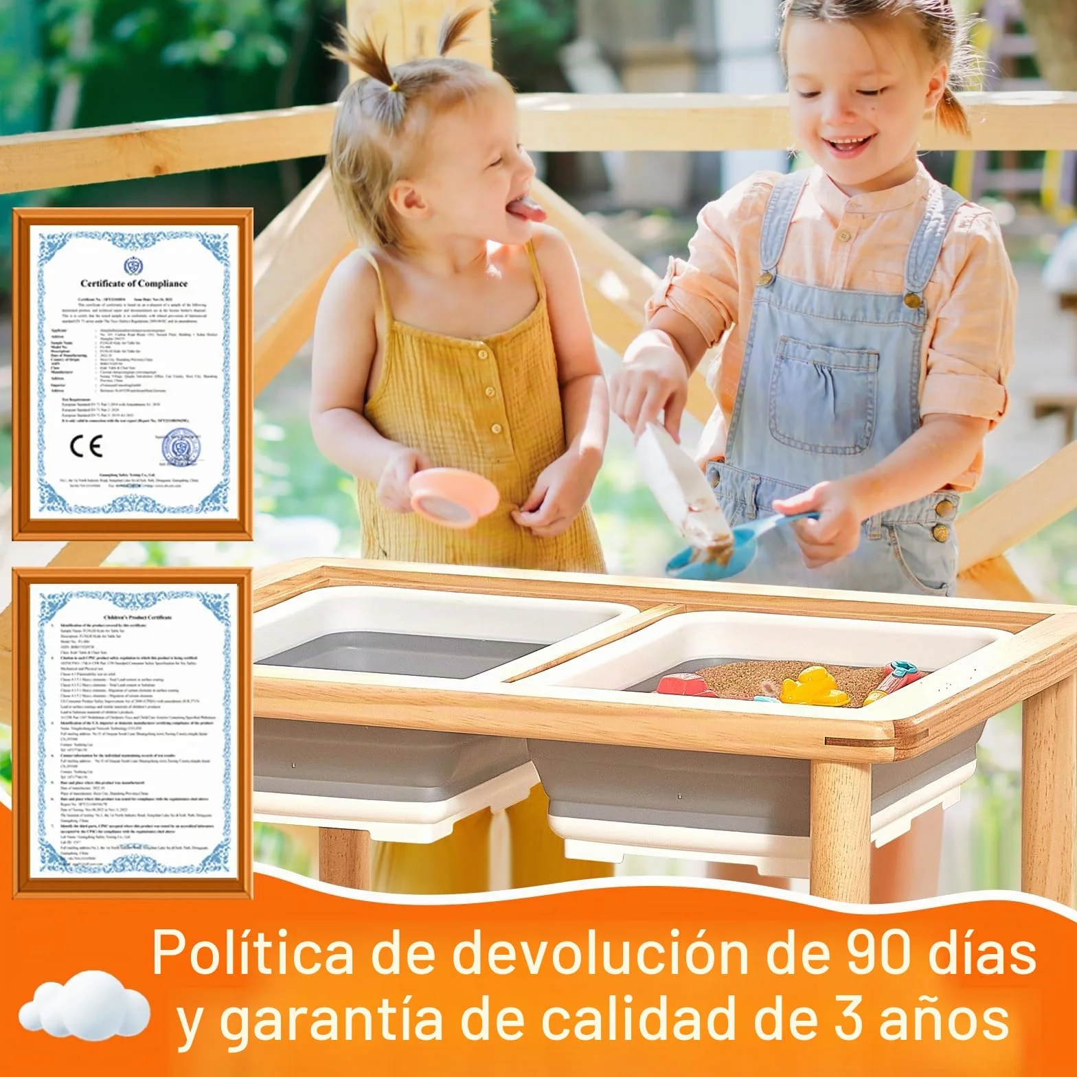 FUNLIO Mesa Sensorial de Madera con 2 Cubos para Niños de 1-5 Años, Mesa Sensorial Infantil de 3 Niveles Ajustable en Altura, para Jugar con Arena y Agua, Certificado CPC