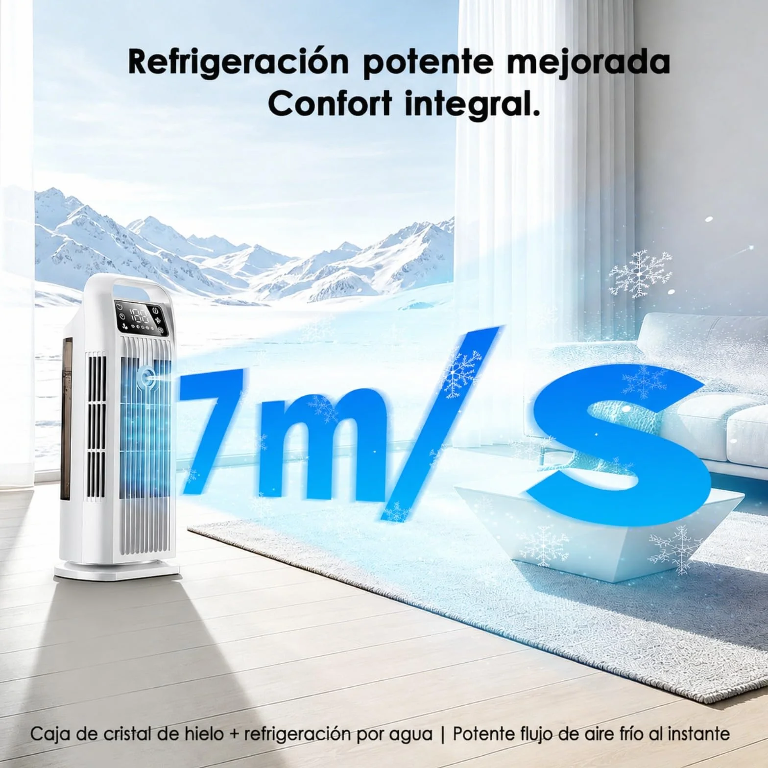 Aire Acondicionado Portátil sin Tubo, Climatizador Evaporativo 6 en 1 Bajo Consumo, Ventilador Torre Silencioso con Mando, Oscilación 120°, Depósito 1.2L, Temporizador 12H, Blanco Polar