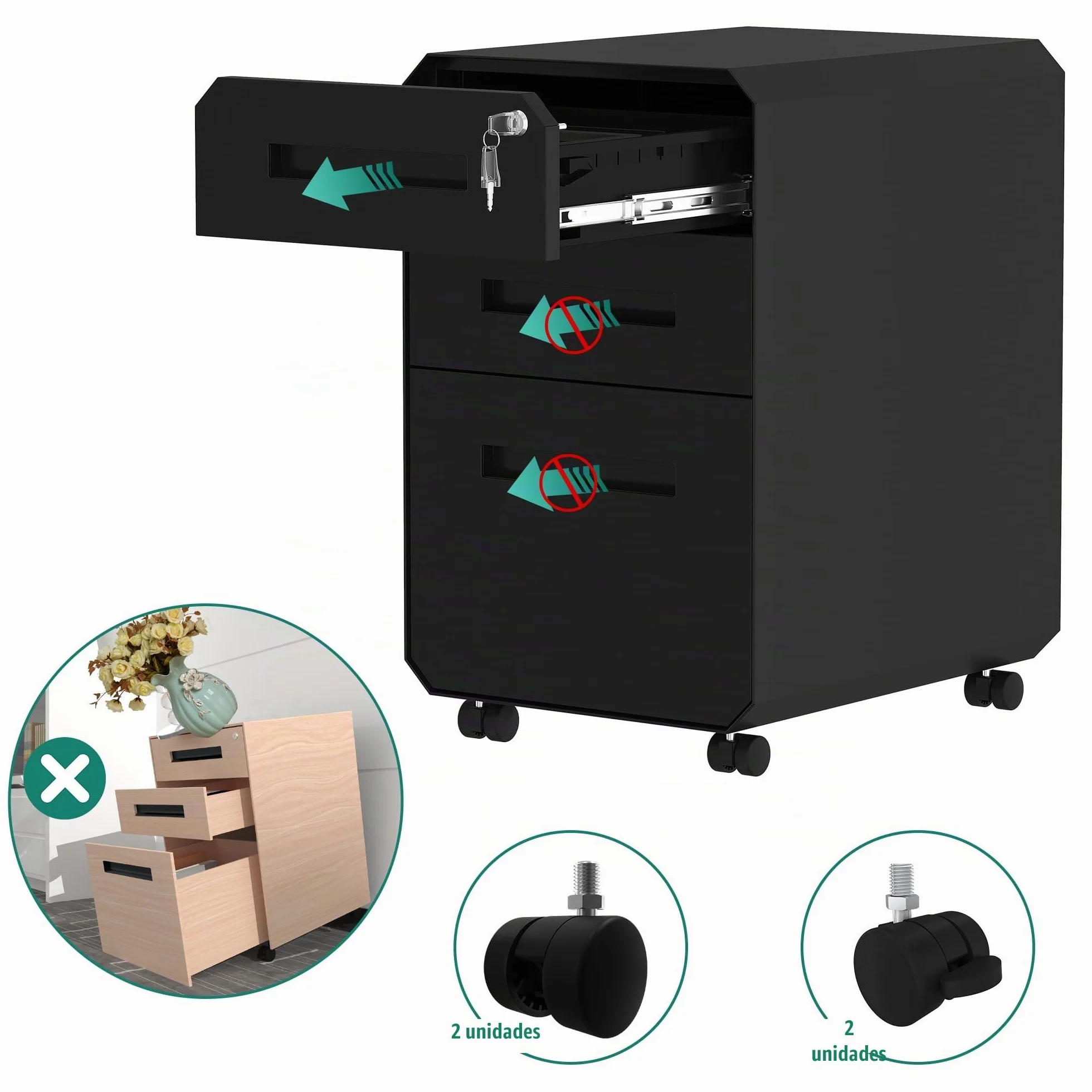 YITAHOME Armario Archivador con 3 Cajones, Cajonera de Oficina Móvil con Ruedas, Metalico Mueble Oficina Archivador con Cerradura y Llave para Carta/A4, Negro, 51 x 40 x 64cm