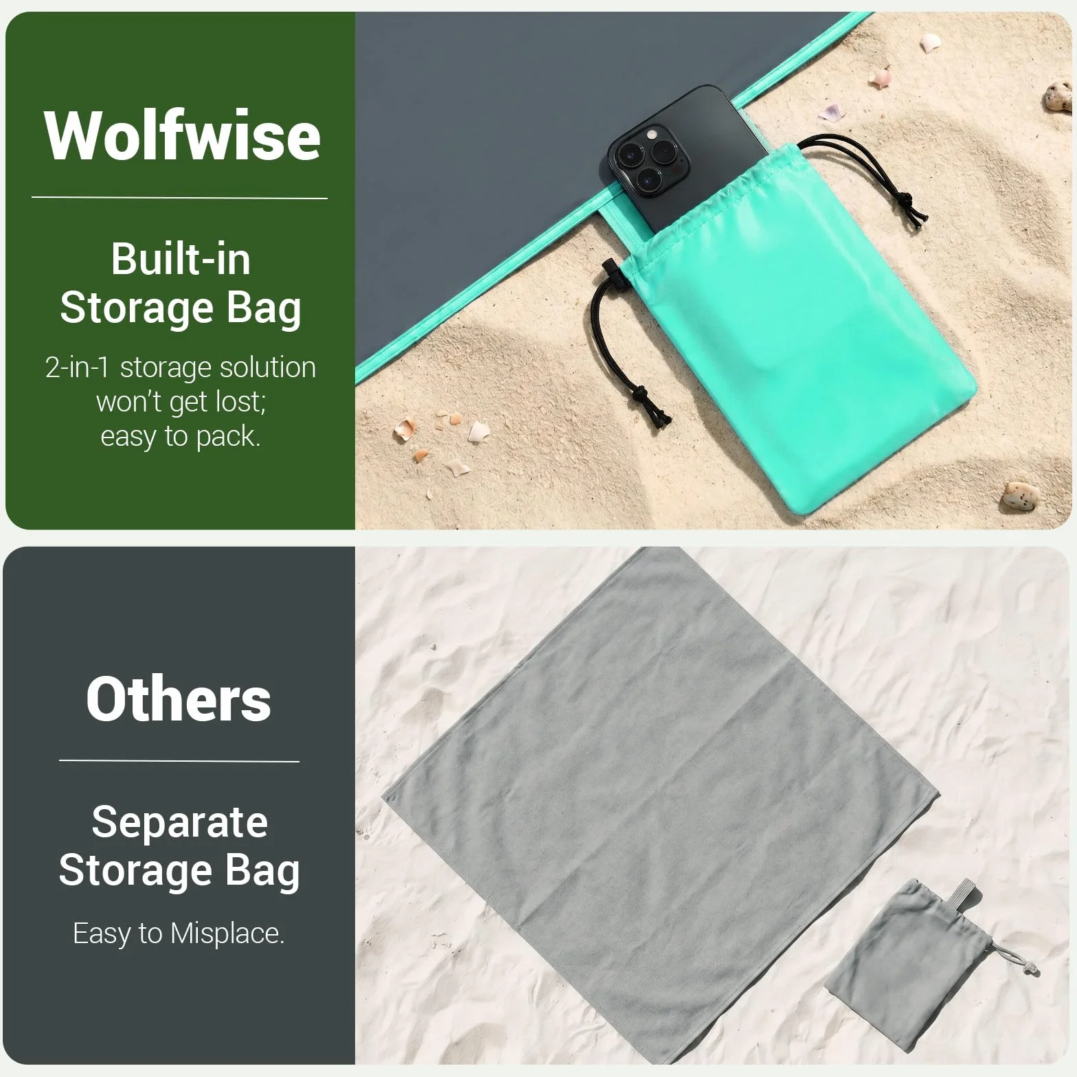 WolfWise Gran Manta de Playa 200x205 cm Impermeable Antarena Ultraligera 4 Personas 4 Bolsas Arena 4 Estacas Verde
