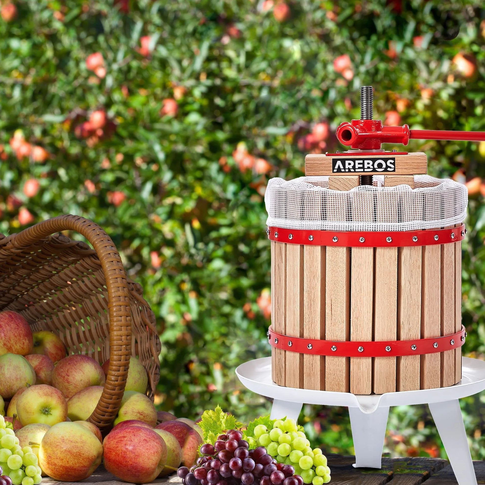 Arebos Prensa de Frutas 12L | Prensa Manual de zumos I Prensa de Bayas Incl. paño de prensado, Placa de presión y husillo metálico I para Todo Tipo de zumos y Verduras