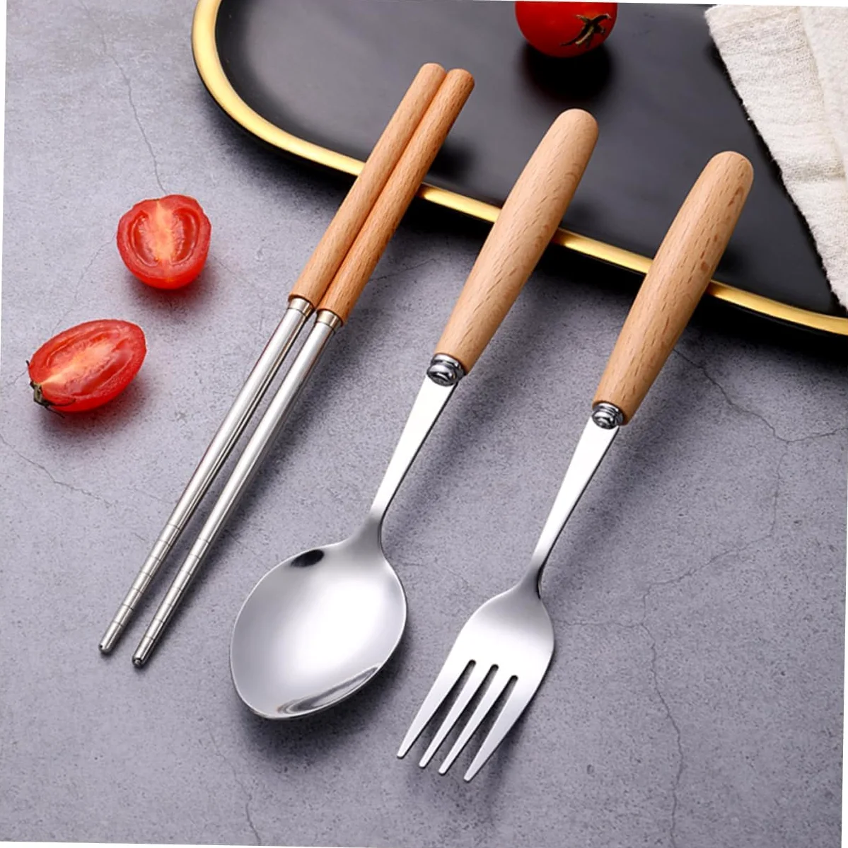 Juego De 3 Tenedores De Cena, Cubiertos De Acero Inoxidable, Cuchillo, Tenedor, Cuchara, Mango De Madera, Juego De Cubiertos para Cocina Y Postre,