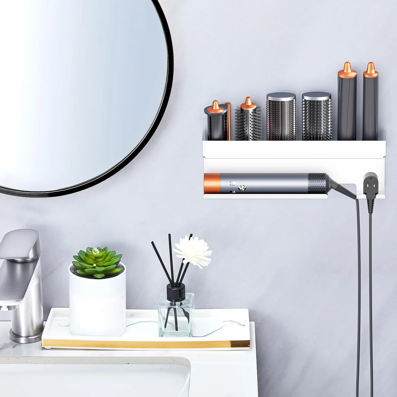 Soporte Secador de Pelo de Pared Adhesivo Sin Taladrar Blanco para Baños