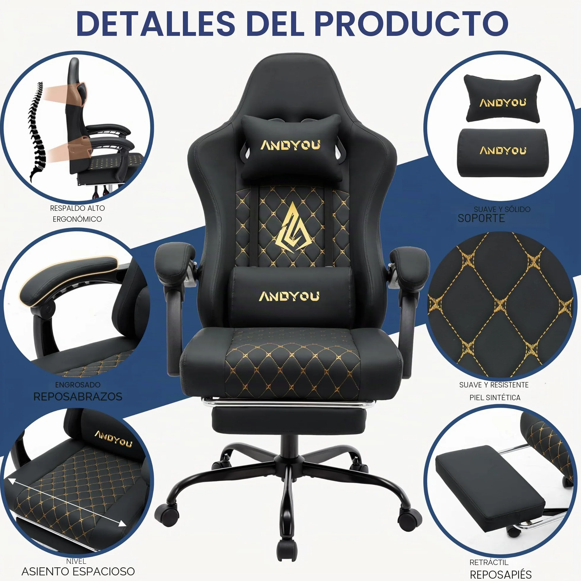 Andyou Silla Gaming Ergonómica Profesional con Soporte Lumbar - Silla Gamer para Adulto, Giratoria y Reclinable con Reposapiés Ajustable y Tela Transpirable, Soporte 150 kg para Oficina y PC